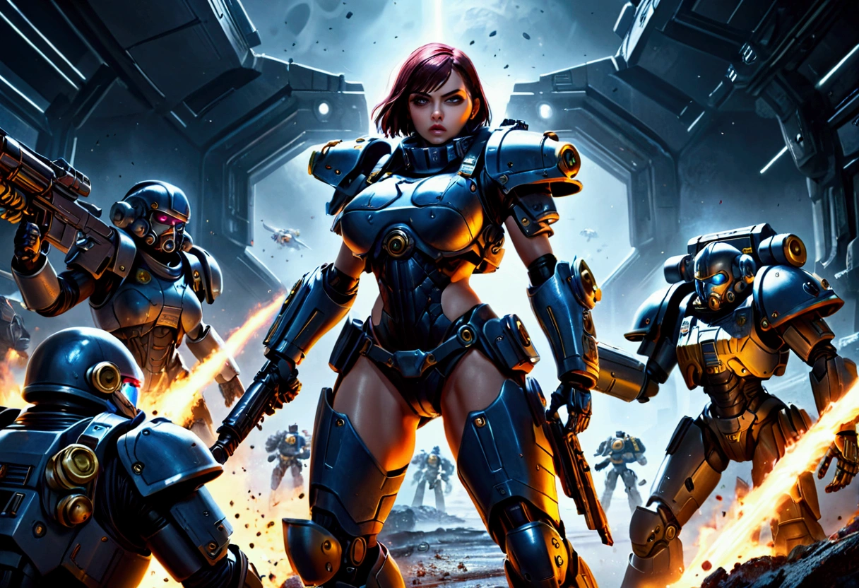 a cybernetic gene cult mutant space pirate army, warhammer 40k style, heavily armed and armored, gritty and dark color palette, advanced technology, (best quality,4k,8k,highres,masterpiece:1.2),ultra-detailed,(realistic,photorealistic,photo-realistic:1.37),cinematic lighting, dramatic angles, imposing and powerful presence, intricate mechanical details, mutated and cybernetic features, futuristic weapons and equipment, battle-hardened and experienced, aggressive poses and expressions, chaotic and dynamic scene, grim dark sci-fi, moody and atmospheric