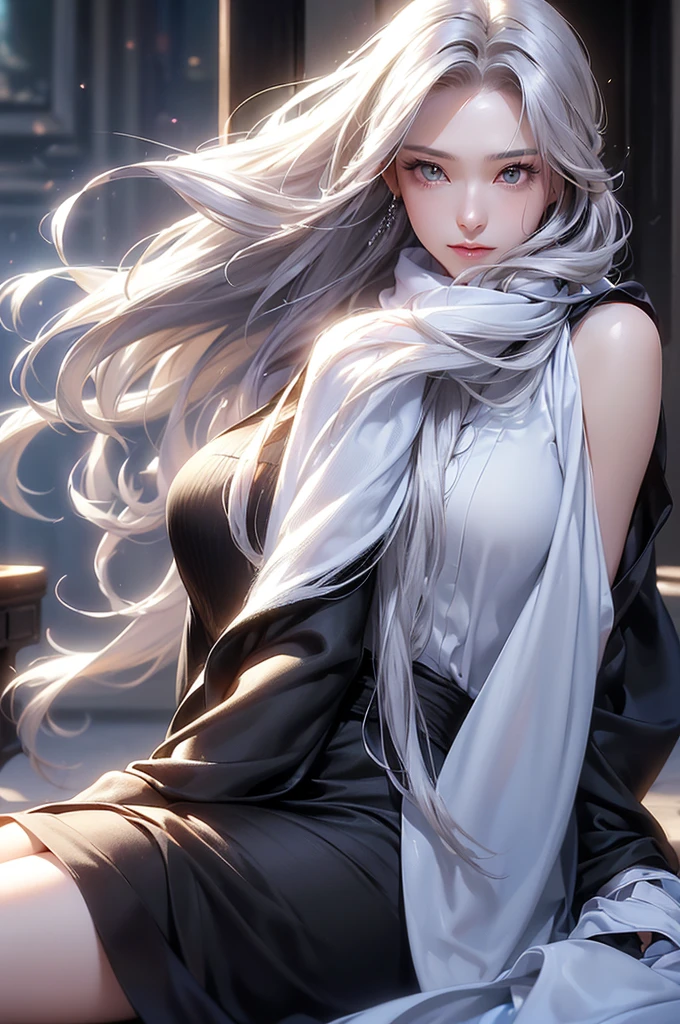 ((masterpiece:1.5、8k、Portraiture、フォトリアリスティックでVery detailedなCG、Very detailed、Particle Effects、Dynamic Effects、Shallow depth of field、Cinematic Light、Lens flare、Ray Tracing、Tabletop、Realistic:1.4、Ultra-high resolution:1.2、Realistic、Realistic))((alone、,A woman wearing a cashmere coat over an off-the-shoulder dress:1.4、wear a long scarf、Elegant woman posing、Detailed face、bright表情、young, bright, Whiter skin、Ample breasts、Best Looks、Ultimate beauty、Shiny silver hair with highlights、bright and shiny hair,、Super long, Silky straight hair、Hair dancing in the wind))(morning、indoors, winter, fireplace、Sitting)