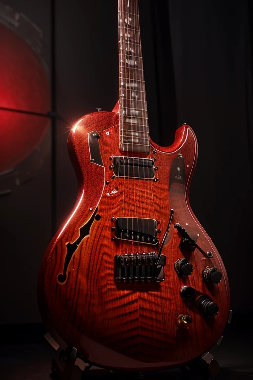 a highly detailed and creative red electric guitar, intricate design, beautiful and functional, photorealistic, 8k, studio lighting, hyperrealistic, elegant, modern, dynamic, detailed textures, complex patterns, glowing metallic accents, glossy finish, dramatic lighting, cinematic atmosphere, award-winning design