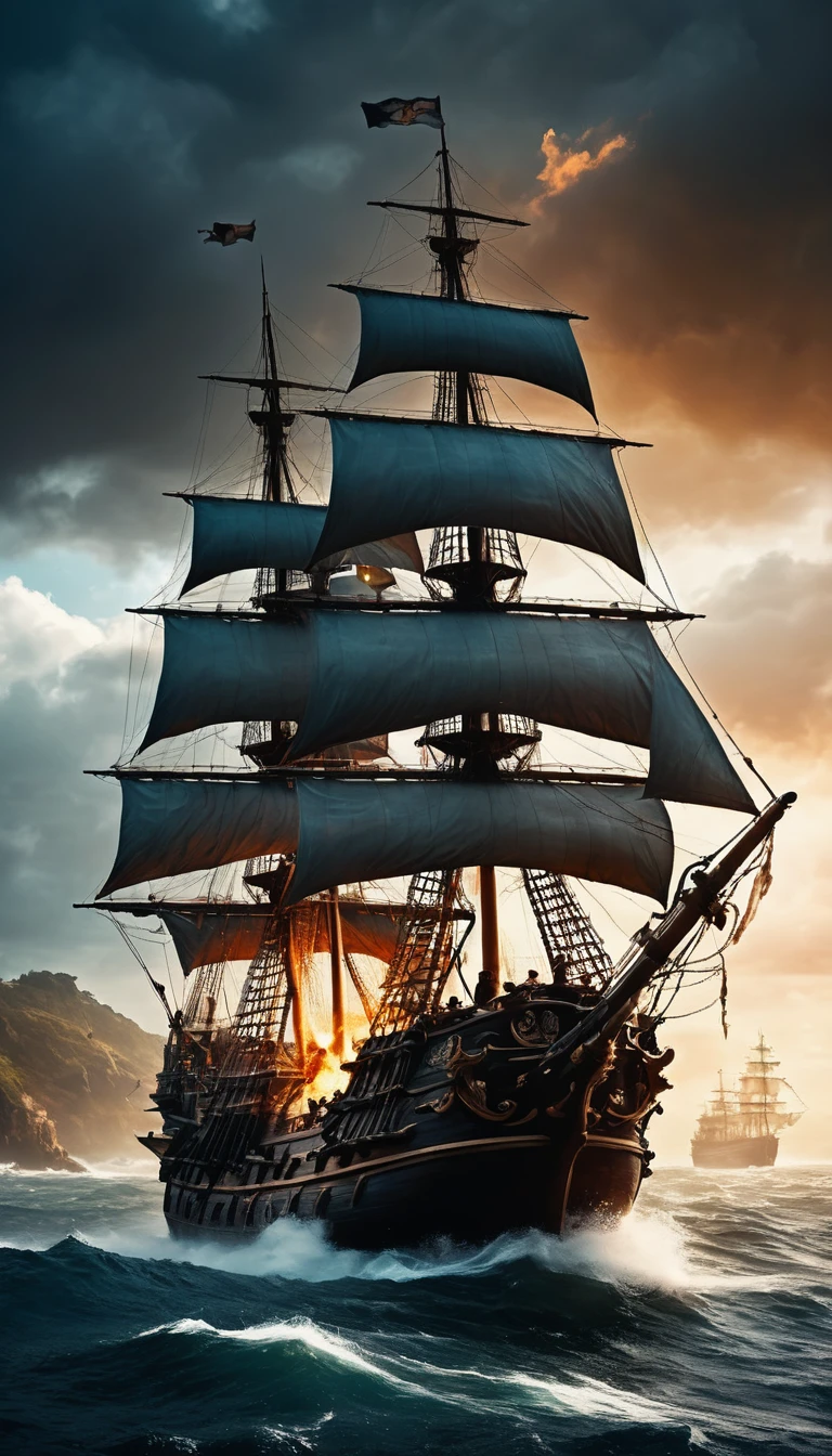 a pirate ship, a huge galleon, pirate insignia, smoke fire pirates at war:1.4, firing cannons at British warships;1.4, stormy ocean:1.3, cloudy sky, dramatic lighting, cinematic camera angle, highly detailed, photorealistic, 8k, award-winning digital art, oil painting, muted color palette, chiaroscuro lighting, dynamic composition, dramatic atmosphere