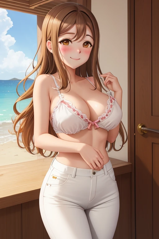 masterpiece, best quality, (kunikida hanamaru:0.999), (long hair:0.888), (breasts:0.878), (brown hair:0.875), (looking at viewer:0.699), (large breasts:1.0),  Blush, Closed mouth, idol top, white pants, embarrassed smile, standing 