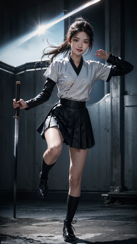 Snowfield Background，flying kick,kung fu,One wears a school uniform，Blue ultra-short pleated skirt，Close-up shot of teenage girl in black leather shoes holding samurai sword for fighting，Full body close-up，Fighting Stance,smiling face