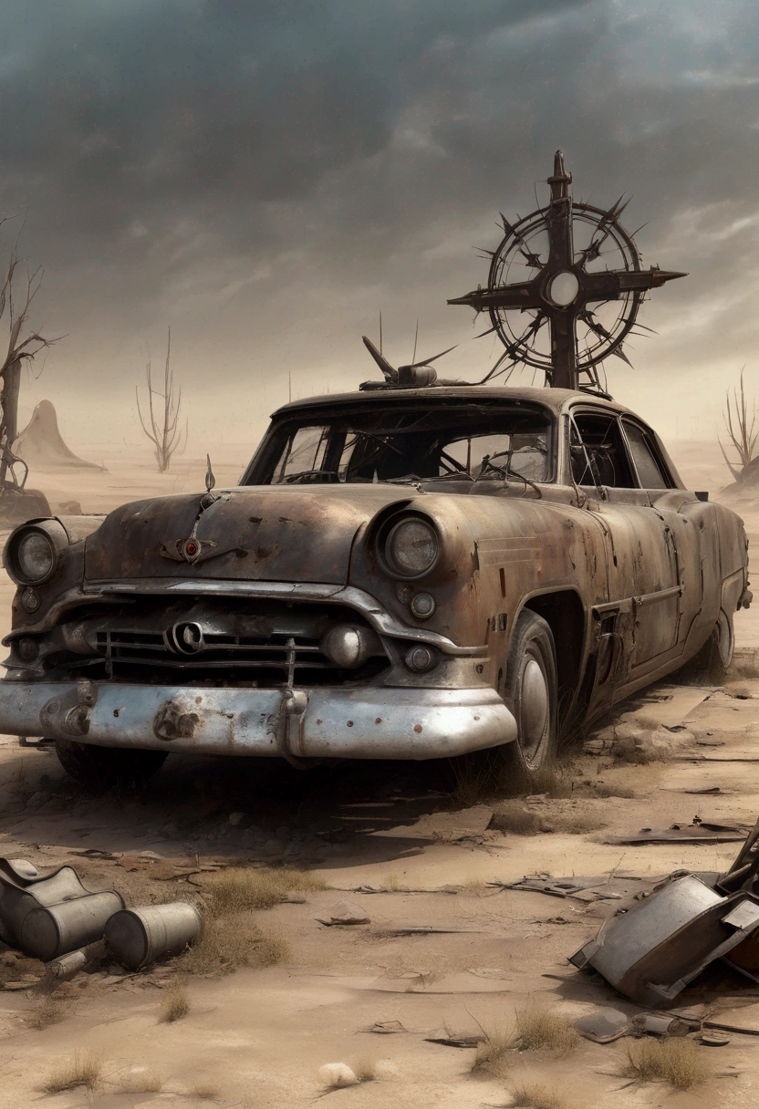 faithful image of an old rusty 1955 cadilac eldorado with spikes and crucifixes on the hood, military style with modifications, he is running in the sand of the Sahara desert, steampunk car, dramatic art, dieselpunk art style, apocalyptic road warrior vibe, a girl with sunglasses is inside the car, surreal digital art, mad max inspired, heavy metal artwork, chrome face symmetry, arte steampunk digital, this&#39;It&#39;s not the Mad Max style, metal art, this&#39;s not Filip Hodas&#39; artwork style, steampunk digital art, dieselpunk, in a hightech world, diagonal photo
