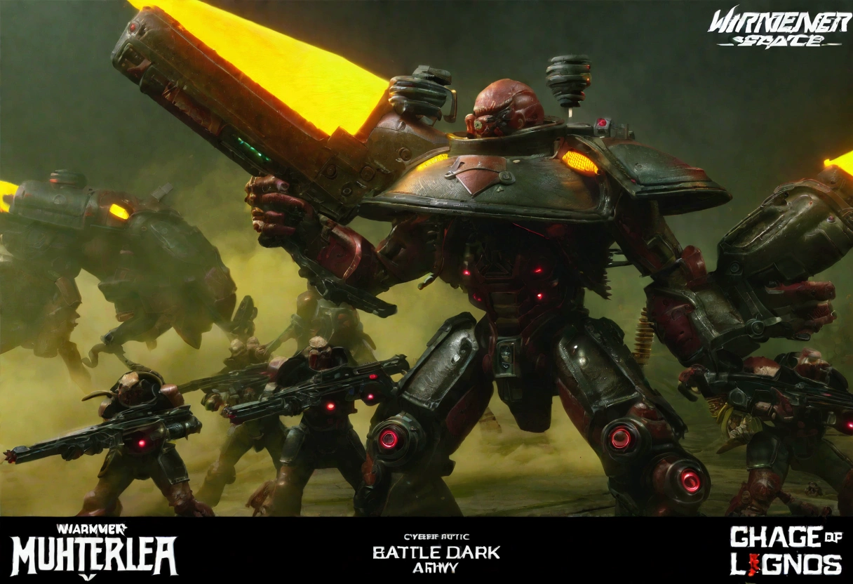 a cybernetic gene cult mutant space pirate army, warhammer 40k style, heavily armed and armored, gritty and dark color palette, advanced technology, (best quality,4k,8k,highres,masterpiece:1.2),ultra-detailed,(realistic,photorealistic,photo-realistic:1.37),cinematic lighting, dramatic angles, imposing and powerful presence, intricate mechanical details, mutated and cybernetic features, futuristic weapons and equipment, battle-hardened and experienced, aggressive poses and expressions, chaotic and dynamic scene, grim dark sci-fi, moody and atmospheric