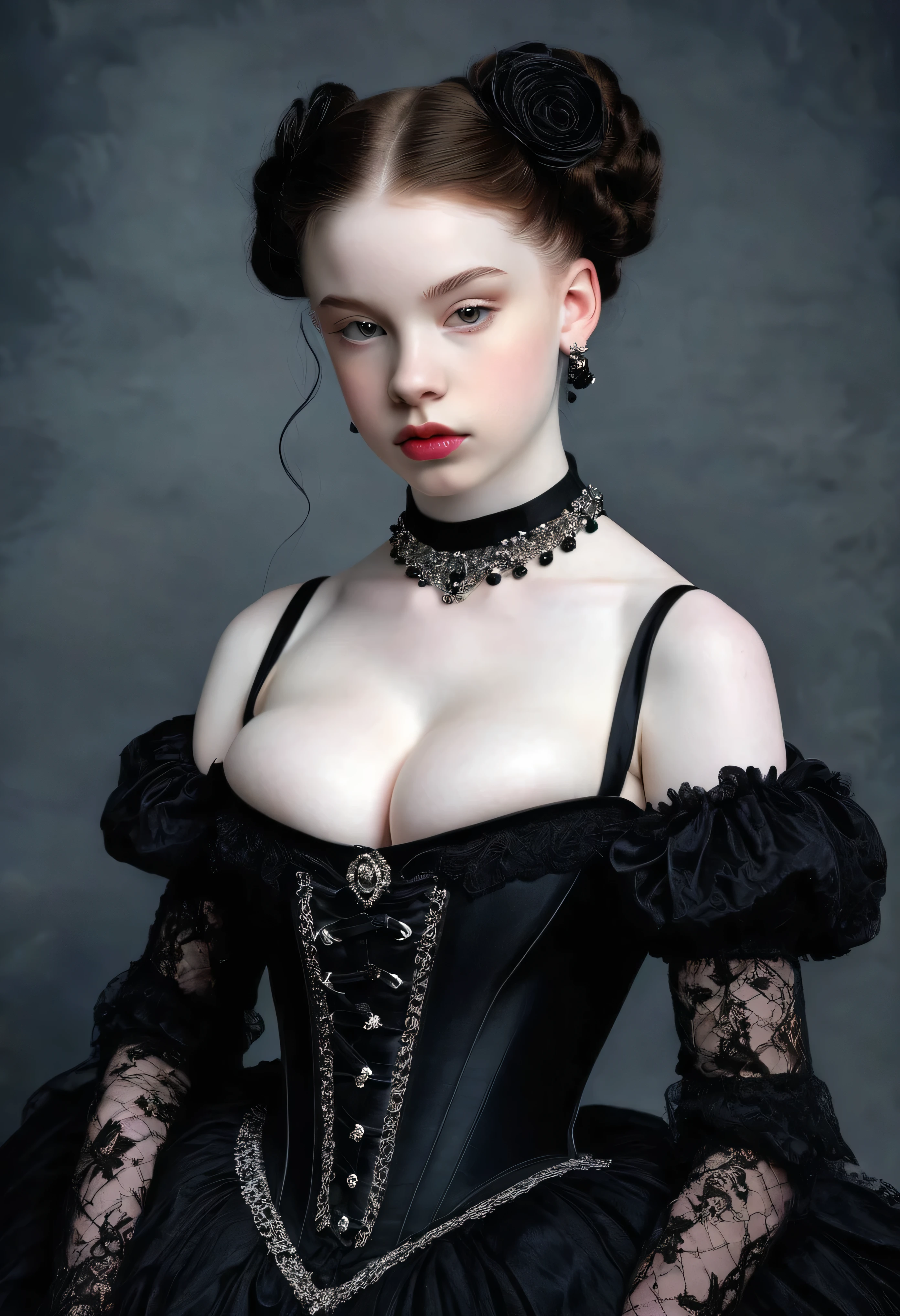 pale skin muscular goth brunette 13 year old girl huge breasts in the style of Anthony van Dyck