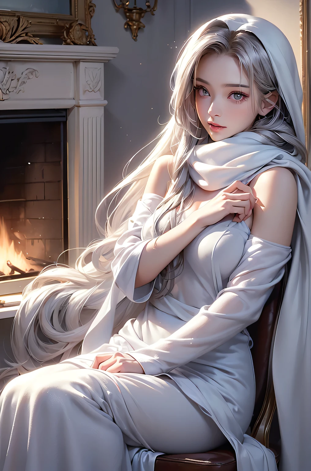((masterpiece:1.5、8k、Portraiture、Photorealistic and very detailed CG、Very detailed、Particle Effects、Dynamic Effects、Shallow depth of field、Cinematic Light、Lens flare、Ray Tracing、Tabletop、Realistic:1.4、Ultra-high resolution:1.2、Realistic、Realistic))((alone、,A woman wearing a cashmere coat over an off-the-shoulder dress:1.4、wear a long scarf、Elegant woman posing、Detailed face、brightexpression、young, bright, Whiter skin、Ample breasts、Best Looks、Ultimate beauty、Shiny silver hair with highlights、bright and shiny hair,、Super long, Silky straight hair、Hair dancing in the wind))(morning、indoors, winter, fireplace、Sitting)