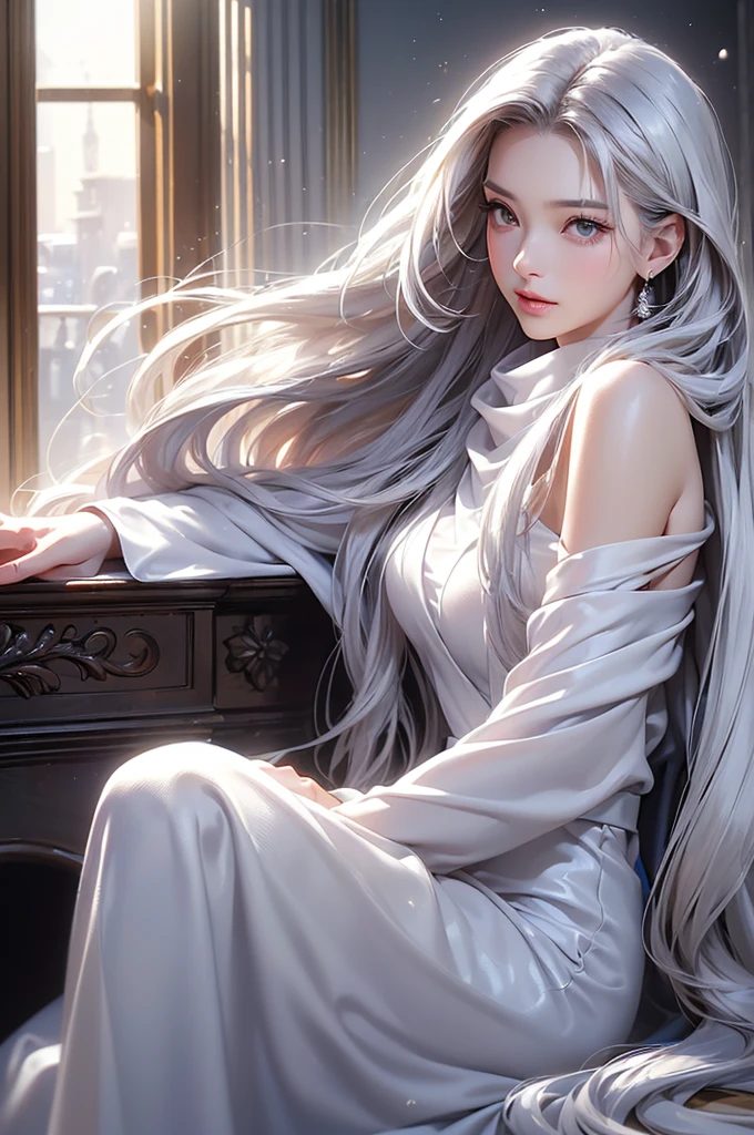 ((masterpiece:1.5、8k、Portraiture、フォトリアリスティックでVery detailedなCG、Very detailed、Particle Effects、Dynamic Effects、Shallow depth of field、Cinematic Light、Lens flare、Ray Tracing、Tabletop、Realistic:1.4、Ultra-high resolution:1.2、Realistic、Realistic))((alone、,A woman wearing a cashmere coat over an off-the-shoulder dress:1.4、wear a long scarf、Elegant woman posing、Detailed face、bright表情、young, bright, Whiter skin、Ample breasts、Best Looks、Ultimate beauty、Shiny silver hair with highlights、bright and shiny hair,、Super long, Silky straight hair、Hair dancing in the wind))(morning、indoors, winter, fireplace、Sitting)