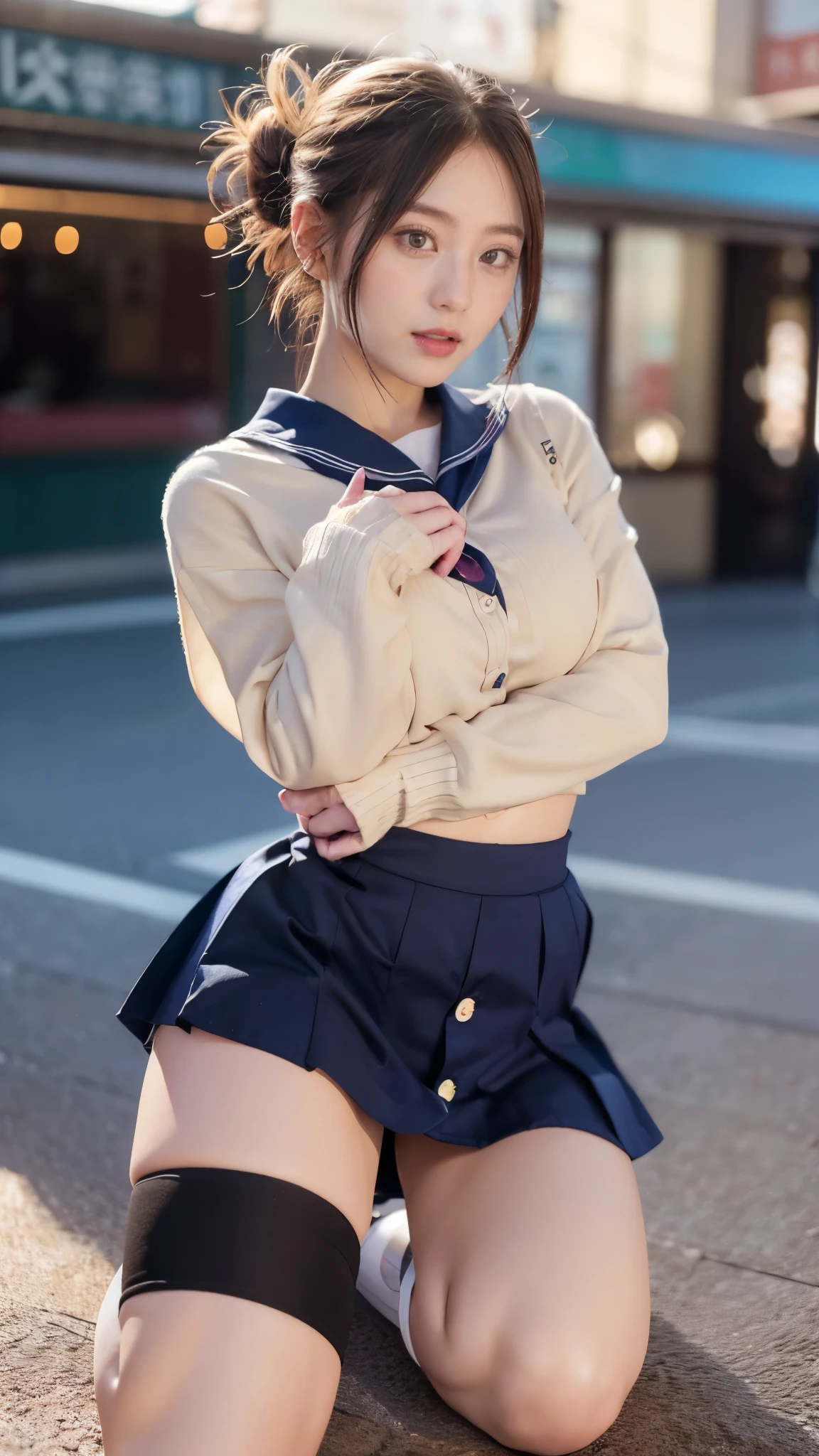 (((Windy、Wind thrusting up、Likely to be blown away、wind lift:1.2、Strong wind from bottom to top、Skirts twisted by the wind、Skirt swaying in the wind、Skirts that flutter in the wind、Standing facing down、Looking down on viewers、Putting up with、Surprised expression)))、((Japan 、(Button Up High School Uniform:1.3)、Dark blue uniform skirt、high socks、Underwear with see-through、The shape of the pubic area is clearly visible、pubick hair、the lower abdomen bristles))、((Emphasis on the thighs、white thighhig、Soft thighs、Inner thighs、Glossy thighs、Face-to-face angle、Standing at the front、Zoom camera in the crotch))、(((Angle from below)))、(sexual excitement:1.5)、NOWAI、8K、Raw photo、​masterpiece、absurderes、top-quality、Best Illustration、hight resolution:1.1、The ultra-detailliert、portlate、hyper realisitic:1.4、sharp focus:1.4、realisitic、Photorealsitic:1.3、Cinema Lights、Film grain、masutepiece、a closeup、full body Esbian、depth of fields、eyes focus、looking at viewert、Beautiful detailed eyes、young、85mm lens、F/1.4、professionally lit、portlate、Photon mapping、Radio City、physically-based renderingt、Transparency、Glossy skin、Soft light、Lifelike face、Realistic body、real looking skin、pale skin、huge-breasted:1.2、well-styled、japanes、heart-shaped lip、eye shadow、Pink blush、makeups、camel's toe、long legged、pureerosface_v1:0.8、Floating hair、Unkempt hair、Floating Hair Nova FrogStyle、egyosar:1、Puffy eyes、Purple Eye、with round face、bangss、bokeh dof:1.2、dynamicposes、(Hairstyles tailored to Japan trends in 2023、cute little:1.5、a blond、Bun head、bangsouth closed、A sly smile:0.2、cleavage of the breast、Relaxing Pose)