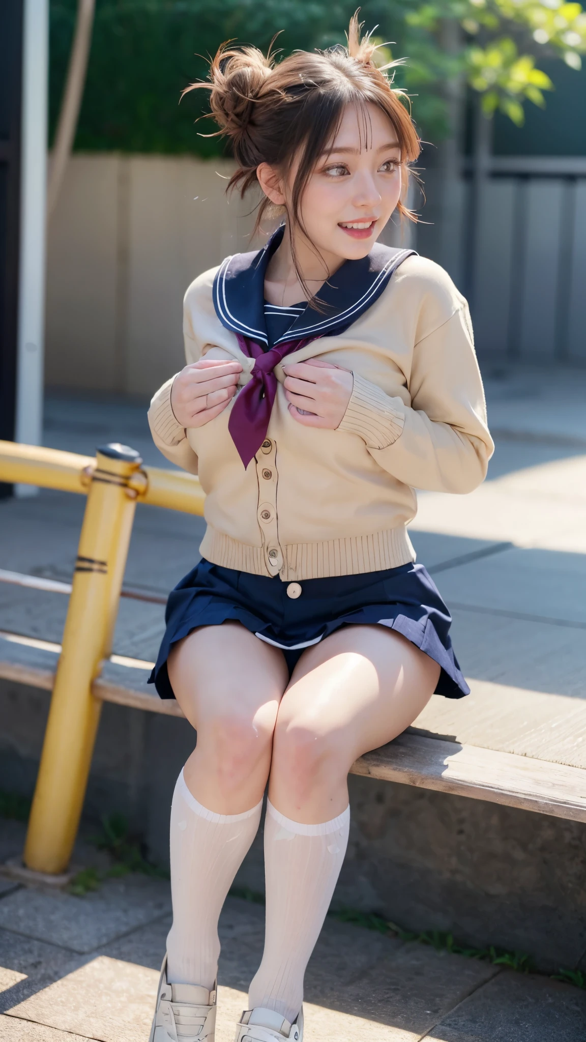 (((Windy、Wind thrusting up、Likely to be blown away、wind lift:1.2、Strong wind from bottom to top、Skirts twisted by the wind、Skirt swaying in the wind、Skirts that flutter in the wind、Standing facing down、Looking down on viewers、Putting up with、Surprised expression)))、((Japan 、(Button Up High School Uniform:1.3)、Dark blue uniform skirt、high socks、Underwear with see-through、The shape of the pubic area is clearly visible、pubick hair、the lower abdomen bristles))、((Emphasis on the thighs、white thighhig、Soft thighs、Inner thighs、Glossy thighs、Face-to-face angle、Standing at the front、Zoom camera in the crotch))、(((Angle from below)))、(sexual excitement:1.5)、NOWAI、8K、Raw photo、masterpiece、absurderes、top-quality、Best Illustration、hight resolution:1.1、The ultra-detailliert、portlate、hyper realisitic:1.4、sharp focus:1.4、realisitic、Photorealsitic:1.3、Cinema Lights、Film grain、masutepiece、a closeup、full body Esbian、depth of fields、eyes focus、looking at viewert、Beautiful detailed eyes、young、85mm lens、F/1.4、professionally lit、portlate、Photon mapping、Radio City、physically-based renderingt、Transparency、Glossy skin、Soft light、Lifelike face、Realistic body、real looking skin、pale skin、huge-breasted:1.2、well-styled、japanes、heart-shaped lip、eye shadow、Pink blush、makeups、camel's toe、long legged、pureerosface_v1:0.8、Floating hair、Unkempt hair、Floating Hair Nova FrogStyle、egyosar:1、Puffy eyes、Purple Eye、with round face、bangss、bokeh dof:1.2、dynamicposes、(Hairstyles tailored to Japan trends in 2023、cute little:1.5、a blond、Bun head、bangsouth closed、A sly smile:0.2、cleavage of the breast、Relaxing Pose)