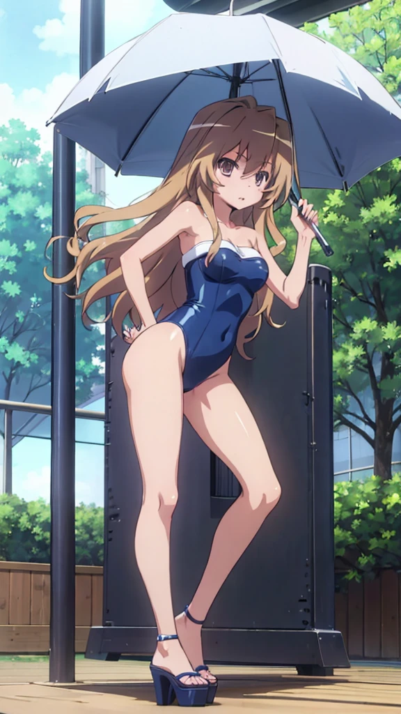 Taiga girl Aisaka, 18 years old, big breast, sexy strapless swimsuit and open platform high heels, sexy blue color, posing in the park