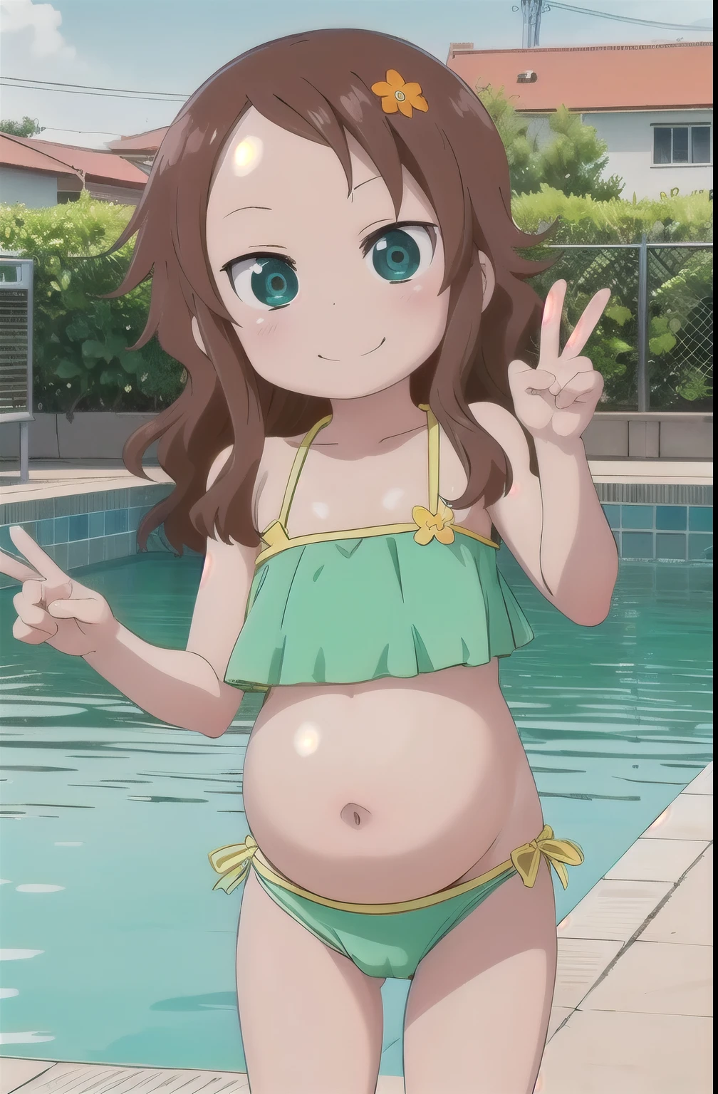 ,cute,(looking at viewer:1.0), details sky,handsome,((masterpiece:1.4,best quality)),multiple details,eyeshadow,sfw, (medium shot:1.5), gradiant eyes, hazel eyes, standing, stand, pool stand in pool,
riko, long hair, brown hair, green swimsuit, hair flower, green eyes, anime swimsuit, anime screencap, hyper-pregnant, wink the eye, smile, pregnant belly, Peace_sign, green swimsuit. Bikini, microBikini, micro bikini.