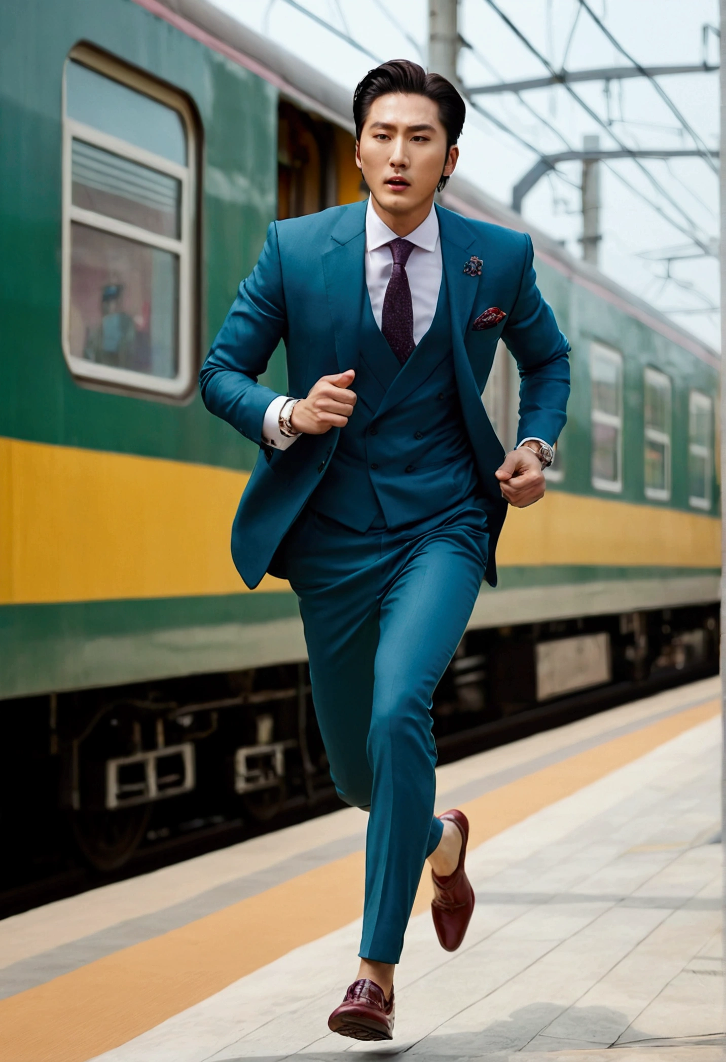 40k, RAW photos, best quality, masterpiece: 1.2), (realistic, photorealistic: 1.37), A handsome Korean man,slicked back hair, wearing stylish clothes with comfortable shoes, running to catch his train in Pakistan,Mewhish Hayat Bokeh