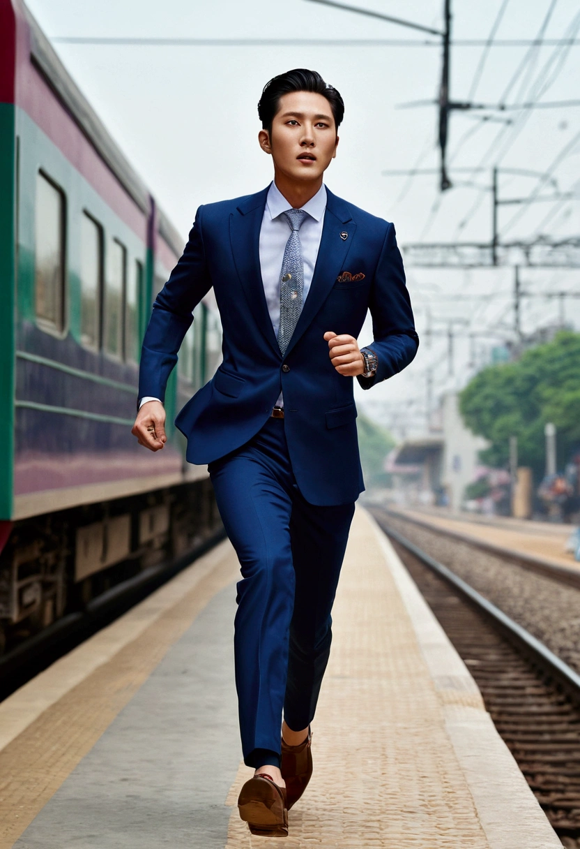40k, RAW photos, best quality, masterpiece: 1.2), (realistic, photorealistic: 1.37), A handsome Korean man,slicked back hair, wearing stylish clothes with comfortable shoes, running to catch his train in Pakistan,Mewhish Hayat Bokeh