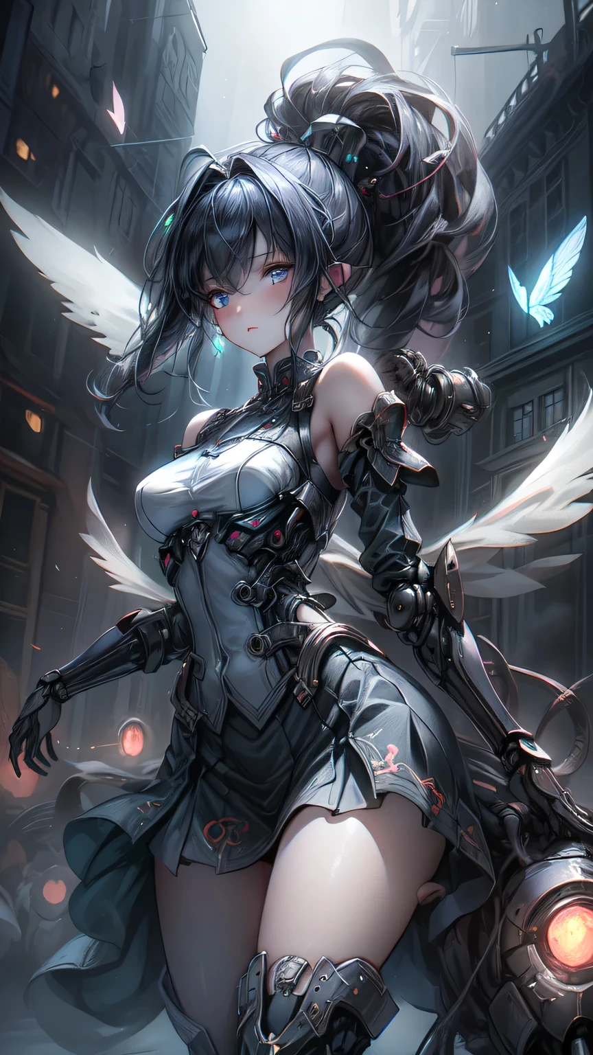 ((Highest quality)), ((Truly a masterpiece)), ((Ultra-detailed:1.4)), ((Ultra-Photorealistic 3D)), Android Magical Girl, Mechanical body, Dynamic action poses for battle scenes, Very complex and heavy fighter aircraft mechanical armament, Off-the-shoulder fashion that combines steampunk and gothic lolita with attention to detail, Intricate steampunk headgear, Very thin、Over-the-knee reggae mechanical boots、Fluttering lace flare mini skirt、 Beautiful small breasts directed upwards、Swaying in the Wind、Long, curly silver hair,、Countless large, shining spheres fly around、Lots of sparks cross and fly、Countless neon lights pouring down from the magical pose、Complex and precise mechanical Night City、Very dark background、Very dramatic and cinematic lighting、Big wings on the back8Growing in Sheets。
