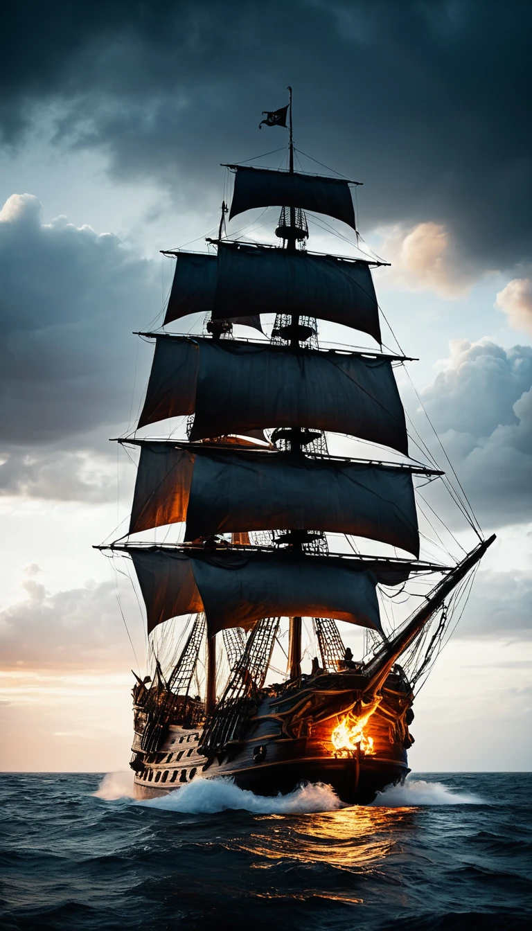 ((a pirate ship, a huge galleon, pirate insignia, smoke fire pirates at war:1.4)), ((firing cannons at British warships:1.4)), stormy ocean:1.3, cloudy sky, dramatic lighting, cinematic camera angle, highly detailed, photorealistic, 8k, award-winning digital art, oil painting, muted color palette, chiaroscuro lighting, dynamic composition, dramatic atmosphere