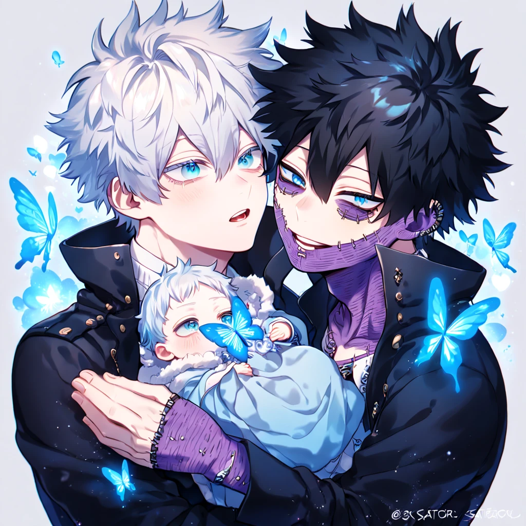 absurdres, highres, ultra detailed, HDR, master piece, best quality, extremely detailed face, delicated features, Dabi, black hair, expressive turquoise eyes, Boku No Hero Academia, Gojou Satoru, white hair, expressive blue eyes, white eyelashes, two sexy men holding a baby, handsome, yaoi, gay couple, family of three, light-blue coat with fur collar, black coat, fantasy, magical, blue fire butterflies, fire flowers, blue fire, blue flames, blue shining moon, blue flames in the background