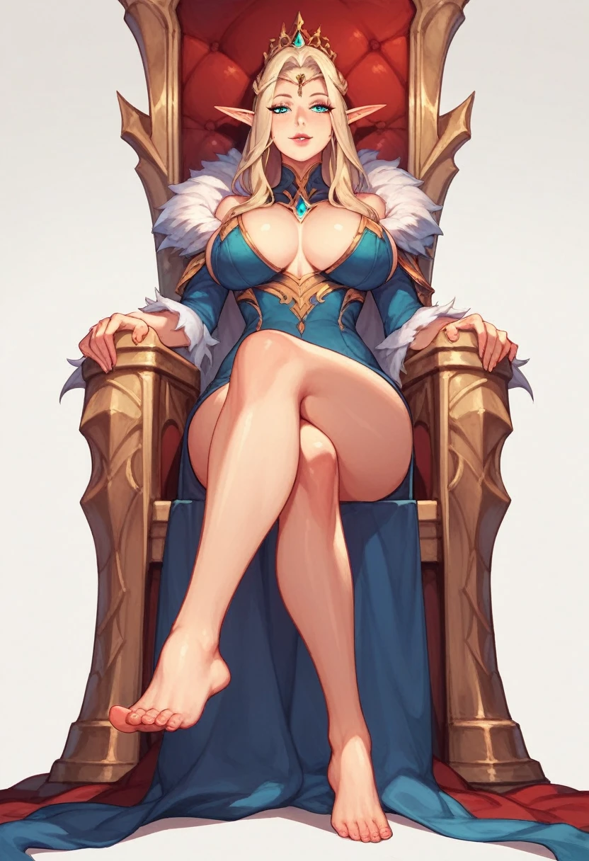 1 girl, elf, elven queen, fantasy, lewd dress, large breasts, mature body, legs crossed, sitting on a throne, looking down at Viewer, zoomed out, Full body, no shoes