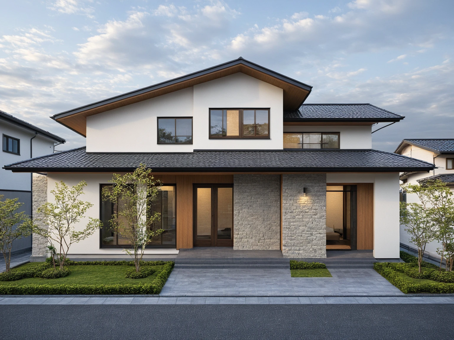 (night, twinklight:1.2), A two-story white house with gable roof, stone cladding, wood cladding, dark gray windows and beige walls, simple modern style, Japanese architecture design, front view, clean background, natural light, architectural photography, architectural render
