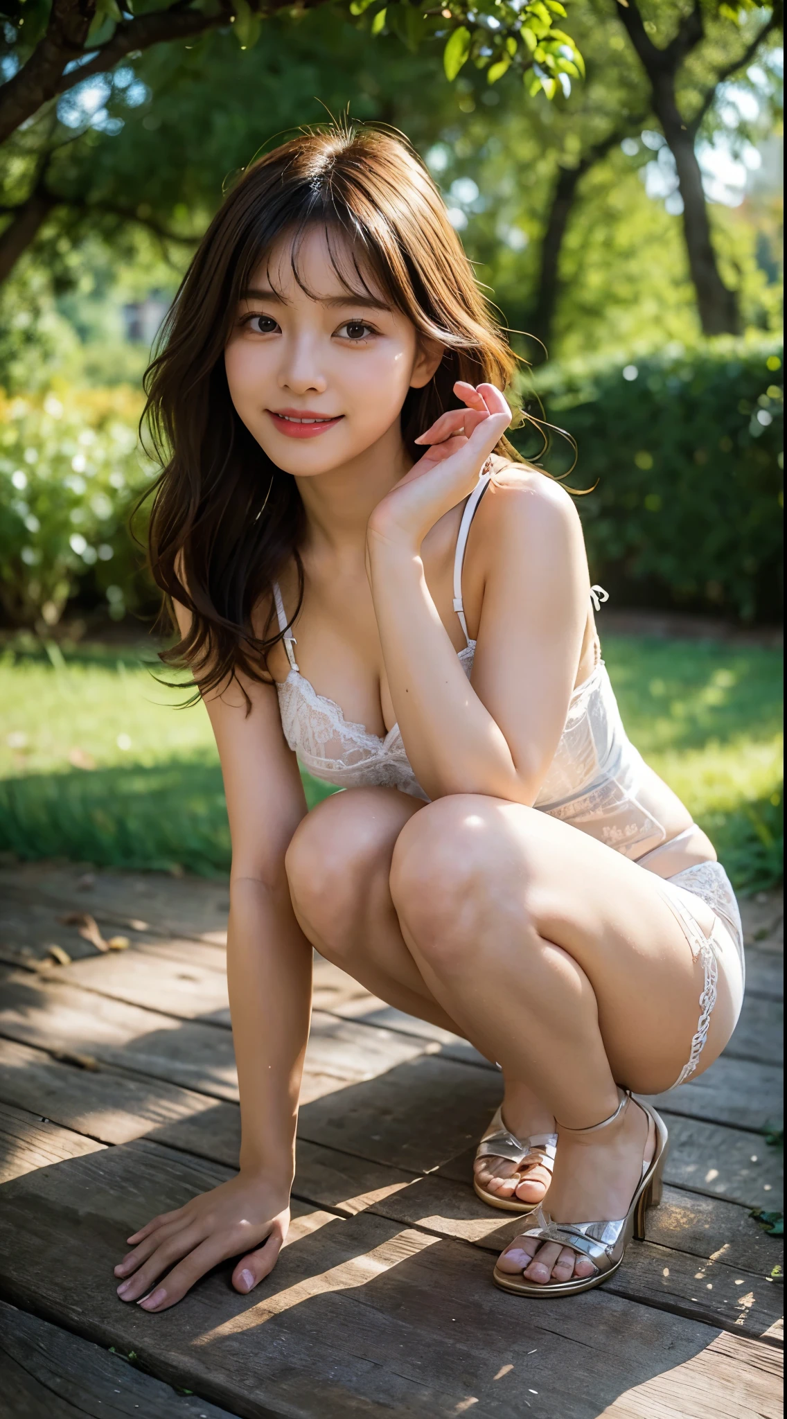masterpiece, best quality, Full-HD, background photo, photorealistic, portrait, cowboy shot, front view, dutch angle shot, countryside, ((doing a crab-jerk)), (crawling position on her hands and knees :1.3), ((lingerie :1.3)), side, seven-headed person, female, delightful, smiling, looking at viewer, glamorous, 20-year-old, at noon, beautiful, cute, full body shot, sunlight, random color, random hair styles, random lingeries, (no extra hand)