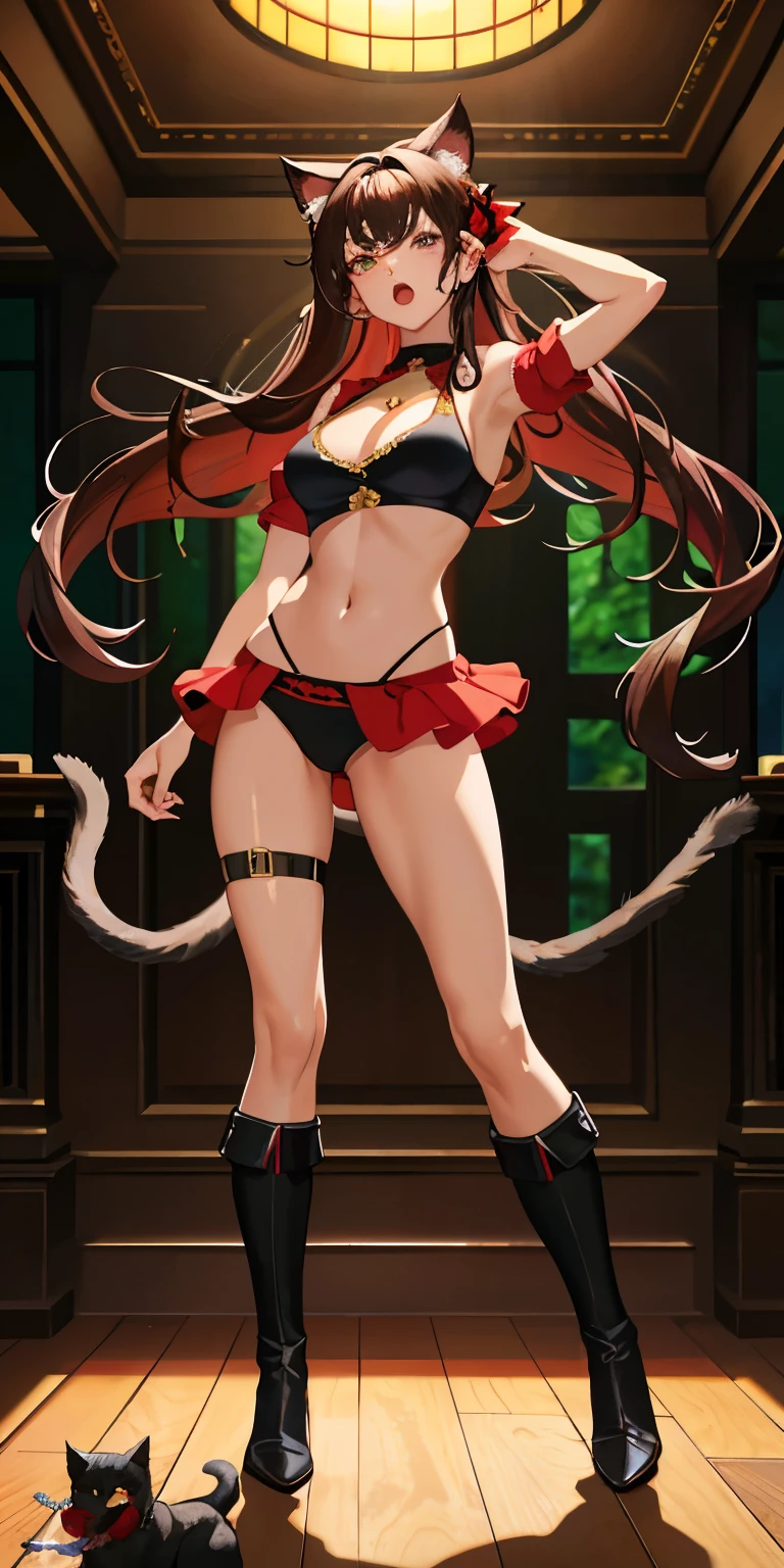 masterpiece, top quality, high resolution, solo, black and red crop top, cleavage, medium breasts, midriff, cat hair ears rough breath, sexual expression, open mouth, wearing underwear, shoving cleavage, black and red panties, sexy brown hair, cowboy shot, full body, green streak in hair,