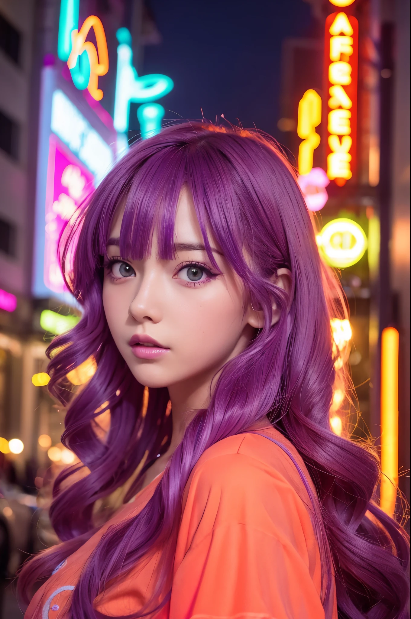 Girl anime hair curls fluorescent gloss, Color Purple Neon Orange Neon