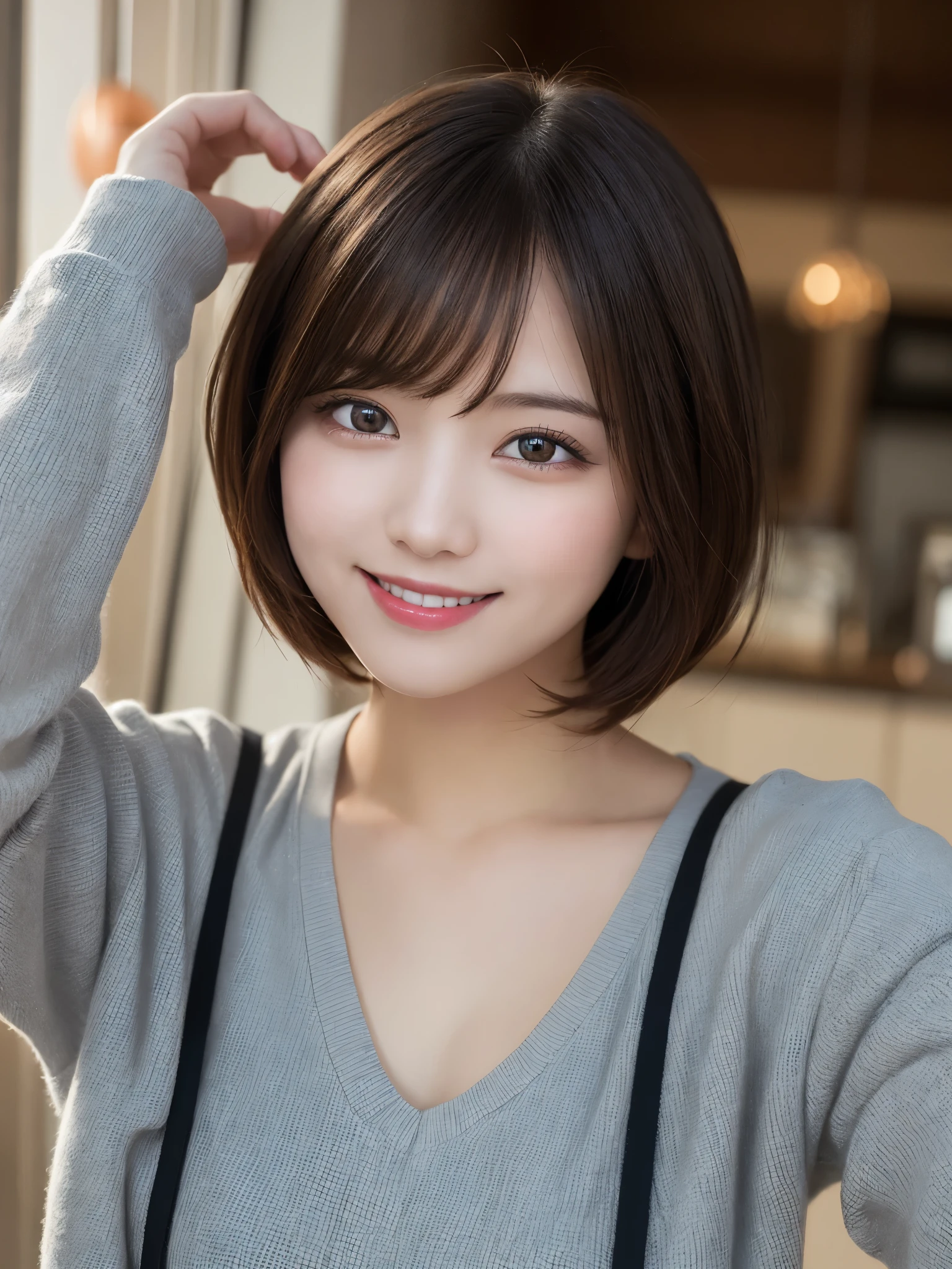 masterpiece, best quality, illustration, ultra-detailed, finely detailed, high resolution, 8K wallpaper, perfect dynamic composition, beautiful detailed eyes, at home, casual clothing, short hair, cheerful expression, cute, smile, looking at camera