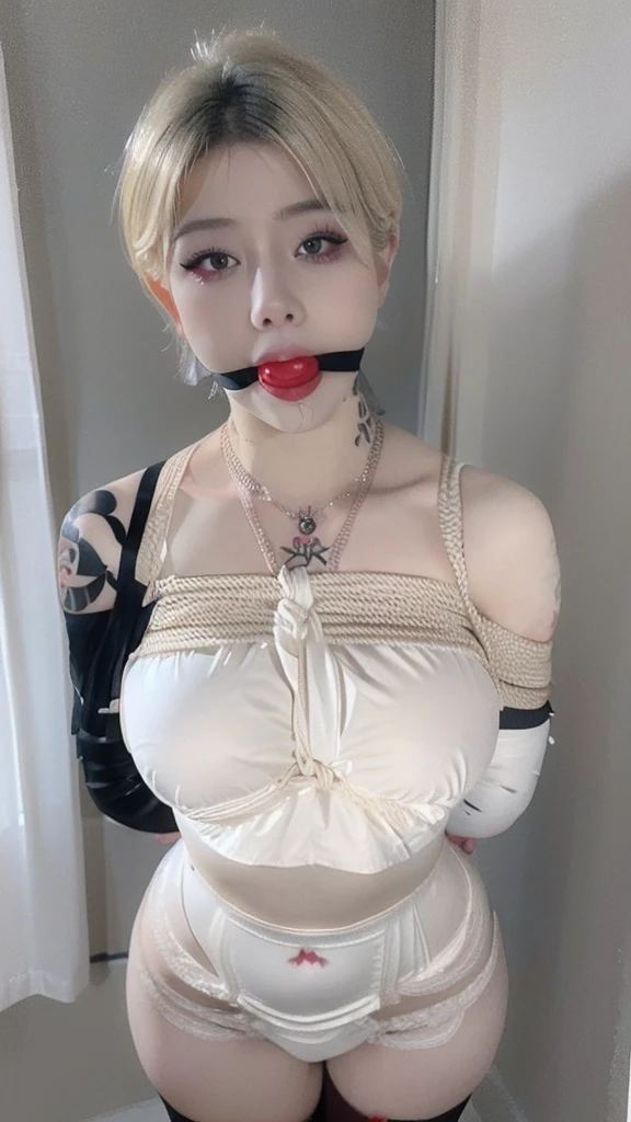 ((Best quality, 8k, Masterpiece :1.3)), Sharp focus :1.2, ((Sexy woman with tattoos)). ((Tattoed skin detail)). Slender abs :1.2, ((Big breasts :1.5)), Make-up face. lipstick. lipstick. Necklace. ((platinum blonde Short hair)).
((Halter triangle Bra)). ((Only shows the face)). ((Only shows the face)). pretty face. captivating. make-up face. long eyelashes, and lips with lipstick. ((Only shows the face)). ((Only shows the face)). pretty face. captivating. make-up face. long eyelashes, and lips with lipstick. ((in front of the make-up mirror)) Ballgag bondage (Shibari,hands tied behind back:1.5), (Shibari:1.21),Tied up, legs tied(((black tights))))