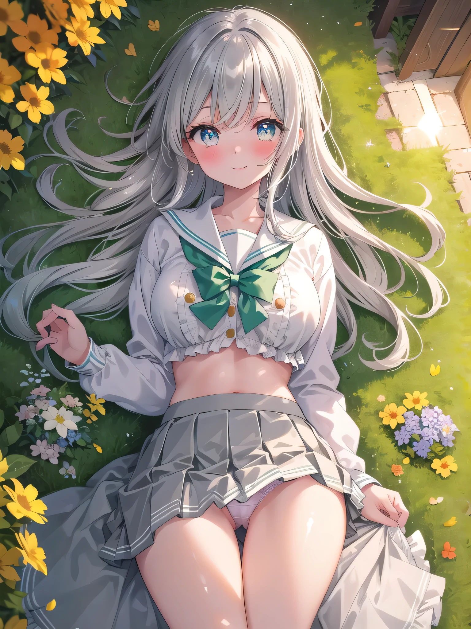 (8K, Best Quality, Masterpiece:1.3)), Ultra High Resolution, (1 Girl, 1 Person), (Color Changing Eyes, Super Detailed, Expressive Sparkle, Sparkling, Glowing Eyes), Highly Detailed Eyes, Highly Detailed Face, Random Hair, (Silver-Grey Color), "A woman lying on her back in a sailor uniform." The background is a school courtyard with trees and flower beds. After school, the light of the setting sun paints the courtyard orange. The woman is lying on her back, her silver hair spread out on the grass. She is wearing a traditional white and gray sailor uniform. The buttons on her sailor uniform are undone and open, revealing her cute light green bra. The bra has frills and ribbon details. The skirt of the sailor uniform is lifted slightly, and the skirt above her knees is fluttering in the wind. Her light green panties, the same color as her bra, are visible, and she is smiling sweetly, blushing slightly. Her figure blends into the natural beauty of the courtyard, and the setting sun in the background adds a soft glow to the entire image.