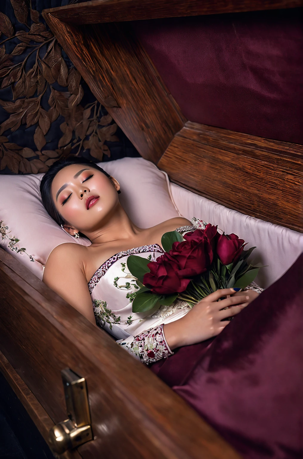 In a striking 8K HDR scene, a stunning Korean woman, 22 years old, lies peacefully in a coffin and coffin cover surrounded by plush pillows. The deep box is set against a rich black background, accentuating the beauty of the subject. Her exquisite deep-V neckline kebaya attire is embroidered with superb detail, showcasing her round and firm breasts, perfect cleavage, and beautiful eyebrows. Her closed eyes and mouth give an air of serenity, while her visible and absolute cleavage leave nothing to imagination. The scene is bathed in saturated colors, highlighting every intricate aspect from the ball skirt to her clean face, straight body, detailed hand perfect hands, straight body, own hands together, own hand on stomach, detailed hands, perfect hands.