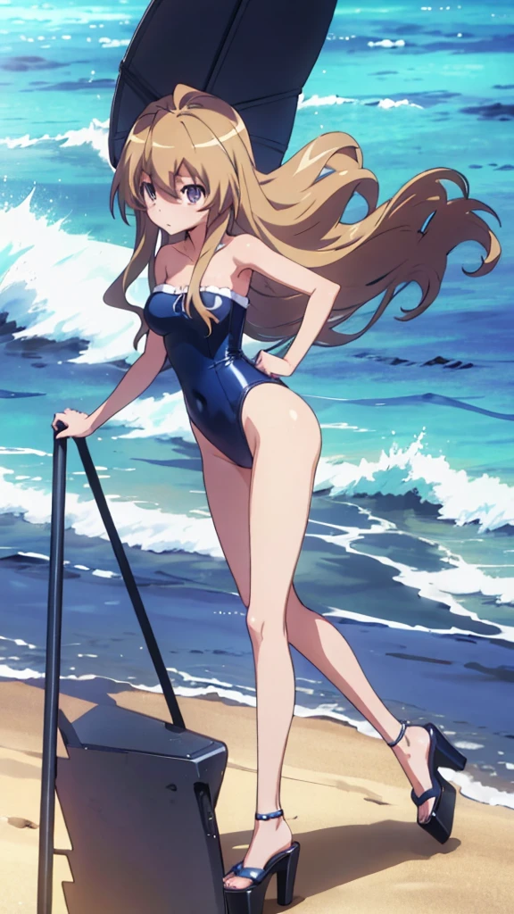 Taiga girl Aisaka, 18 years old, big breast, sexy strapless swimsuit and open platform high heels, sexy blue color, posing on the beach