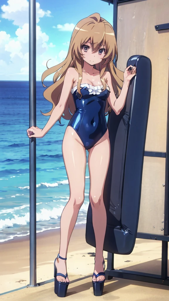 Taiga girl Aisaka, 18 years old, big breast, sexy strapless swimsuit and open platform high heels, sexy blue color, posing on the beach