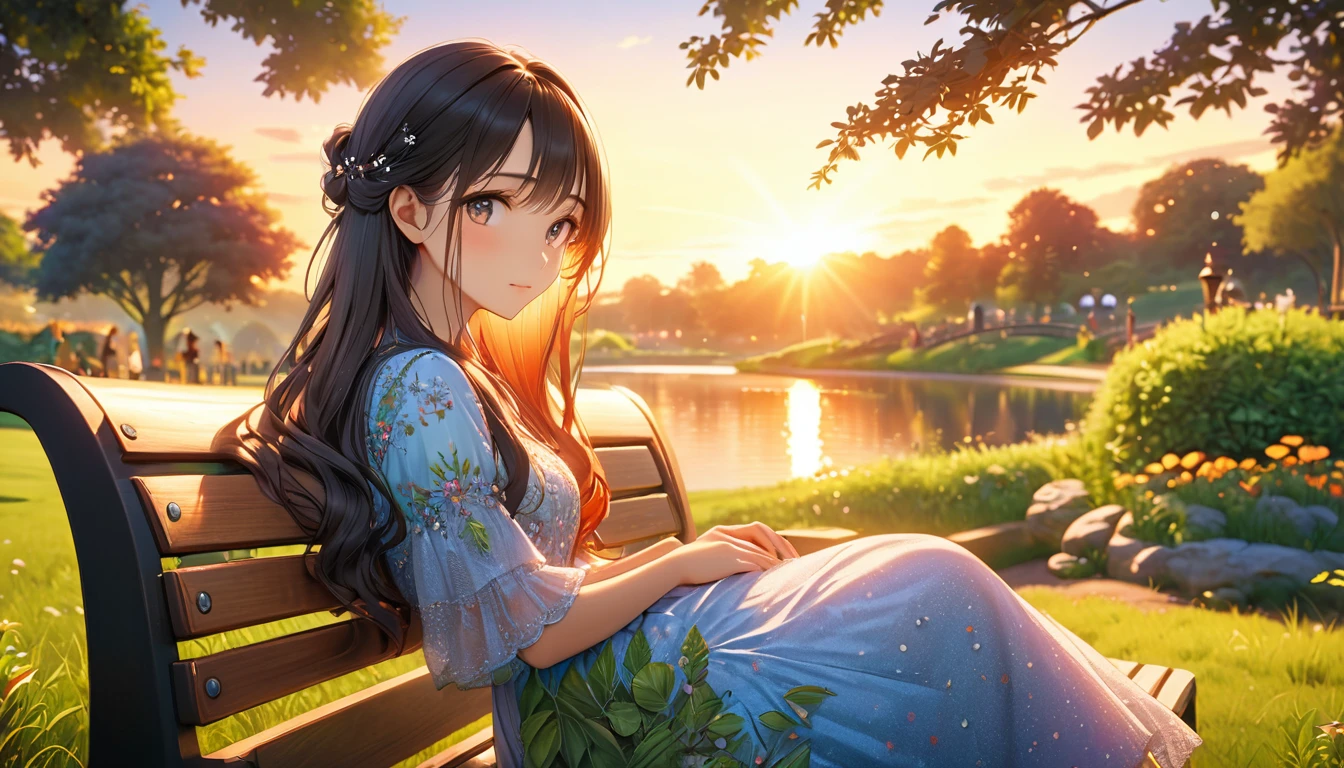 A beautiful countryside park at sunset, 1girl sitting on a bench, detailed face, long hair, detailed dress, highly detailed, 8k, ultra-realistic, warm lighting, soft focus, serene, vibrant colors, vibrant sunset, lush greenery, intricate details, stunning landscape, atmospheric, photorealistic,very long shot