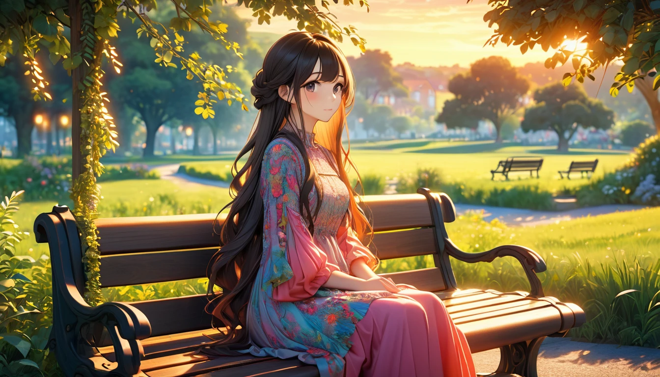 A beautiful countryside park at sunset, 1girl sitting on a bench, detailed face, long hair, detailed dress, highly detailed, 8k, ultra-realistic, warm lighting, soft focus, serene, vibrant colors, vibrant sunset, lush greenery, intricate details, stunning landscape, atmospheric, photorealistic,very long shot