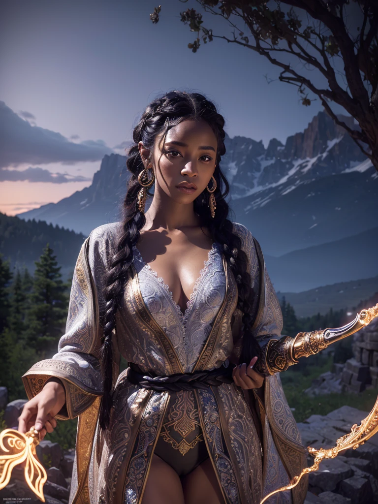 a beautiful black-skinned female mage with braided hair, intricate detailed face and eyes, elegant posture, wearing an ornate magical robe, beautiful detailed hands holding a glowing magical staff, outdoor fantasy landscape with mountains and forests, dramatic lighting, cinematic composition, digital art, highly detailed, photorealistic