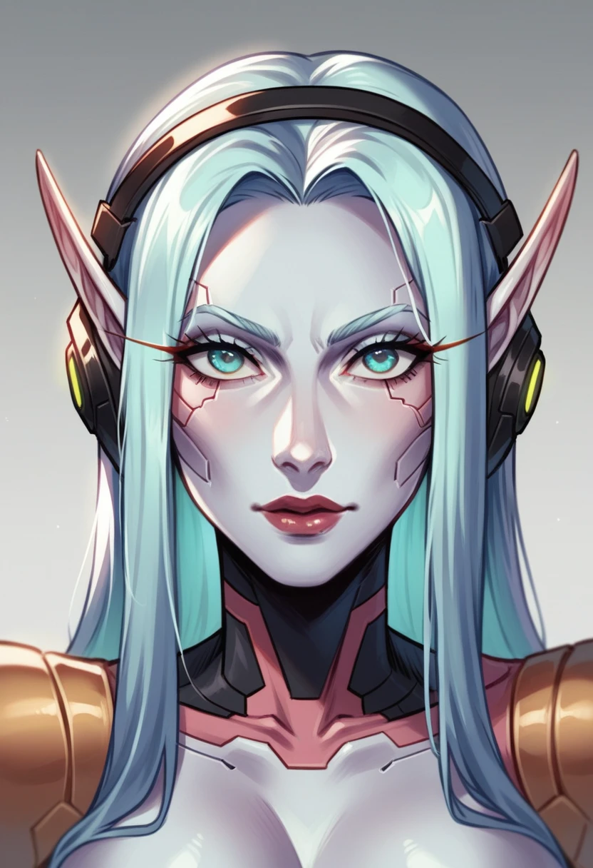 Close-up of a woman wearing headphones in a futuristic setting, Cyberpunk Robot Elf Queen, Portrait of a beautiful sci-fi girl, portrait of a cyborg queen, cyborg goddess in cosmos, VLP. Science fiction, красивая cyborg girl, beautiful cyborg priestess, Dreamy girl in cyberpunk style, complex VLP, cyborg girl, Portrait of an android woman