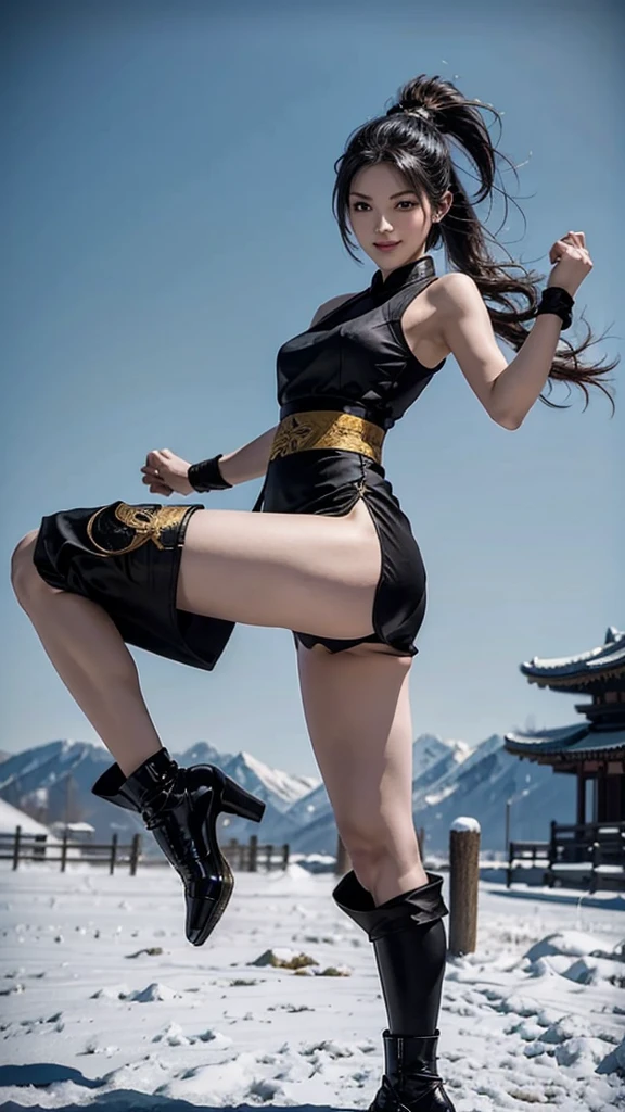 Snowfield Background，flying kick,kung fu,Wearing black and gold short qipao，Wearing a high ponytail，Close-up shot of teenage girl in high heel shoes，holding samurai sword for fighting，Full body close-up，Fighting Stance,smiling face
