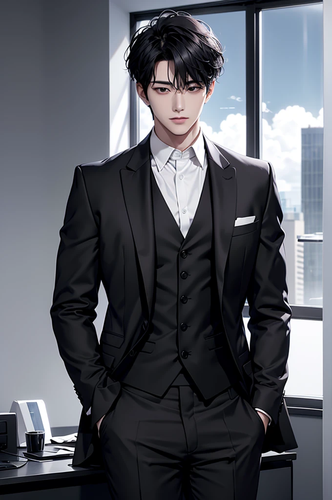 Handsome man sitting in front of his workplace，the only one，in the office，black eyes，with short black hair，（Neat black suit），white shirt，backlight, full moon, cloud