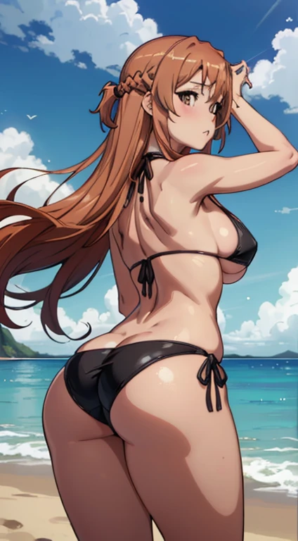 (best quality:1.3), asuna yuuki, (black bikini), busty, cleaveage, (rosy cheeks),  seductiv, rosto sexly,  sexly, body curvy, big-ass, big boobies,(beachfront) (ass pov: is)