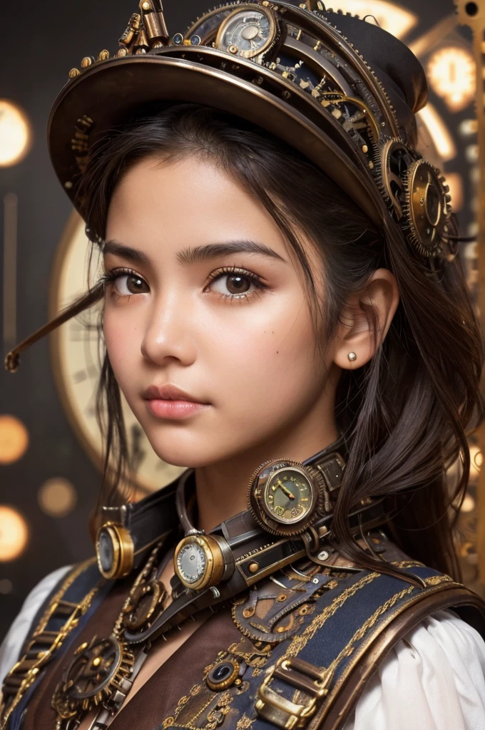 A 13-year-old Colombian girl, bust, (Front facing the camera), Detailed European Faces, (Ambitious expression), (((Steampunk Style Close))), ((Steampunk city in the background)), born, Analog Style, Super detailed photos, Cinema Lighting, Art Station, 4K, Sharp focus, High resolution, Detailed skin, Detailed eyes,