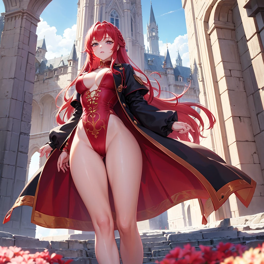 Princess with red hair with some pink tint, with a braid on one side of the hair, burning red eye.  Beautiful body big chest ass,  standing showing dress. black long stocking thighs, of jump . At the bottom of the house there is a castle. Showing your legs is heels . But you&#39;re dressed with a beautiful body in black and blue colors., with colae around the neck. With open leg