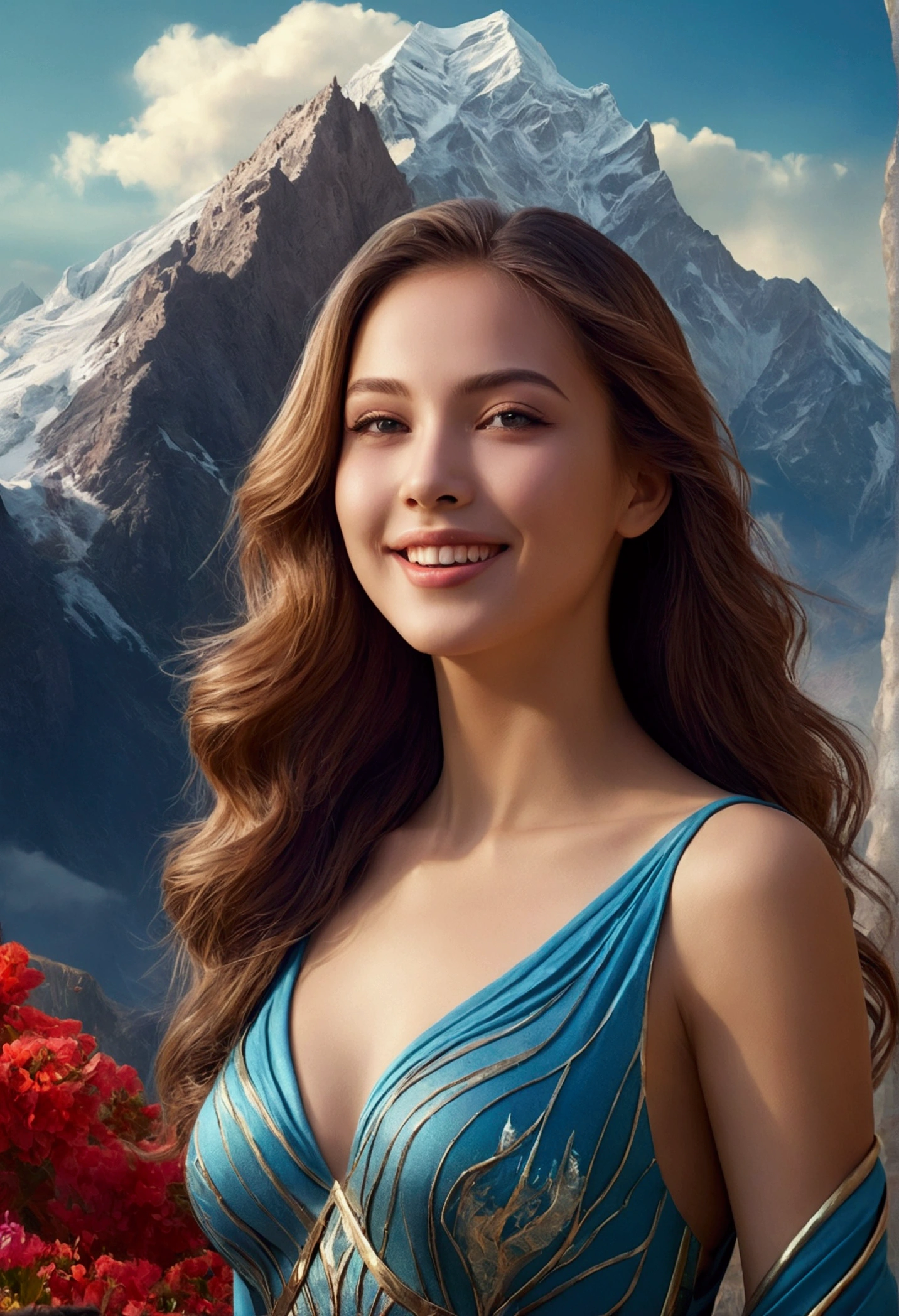 image of an extremely beautiful woman with a mountain in the background that penetrates the beautiful girl's body, charming smile, beautiful surreal fantasy art, beautiful digital art, breathtaking digital art, beautiful surreal young woman, stunning digital art, matte painting of the human mind, masterpiece, UHD, 18K