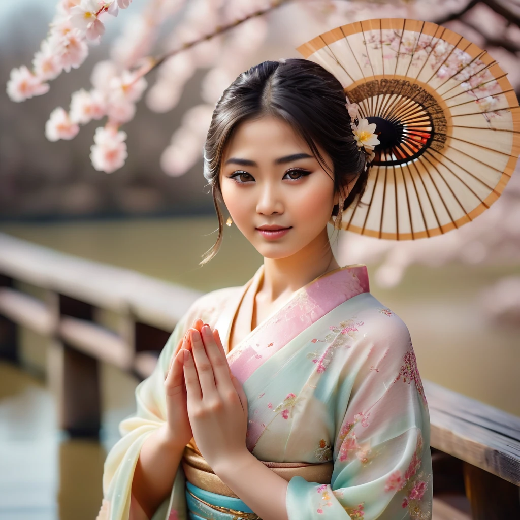 Editorial photography of a innocent beautiful charming young Japanese woman 20 years old, adorned in an elegant traditional Asian dress, detailed beautiful eyes and face's skin, stands gracefully on a wooden bridge. She holds a delicate fan in her hands, its golden design complementing the pastel colors of her flowing attire. Cherry blossoms rain down around her, creating a serene and enchanting springtime atmosphere. Her gentle smile and realistic quality of the scene