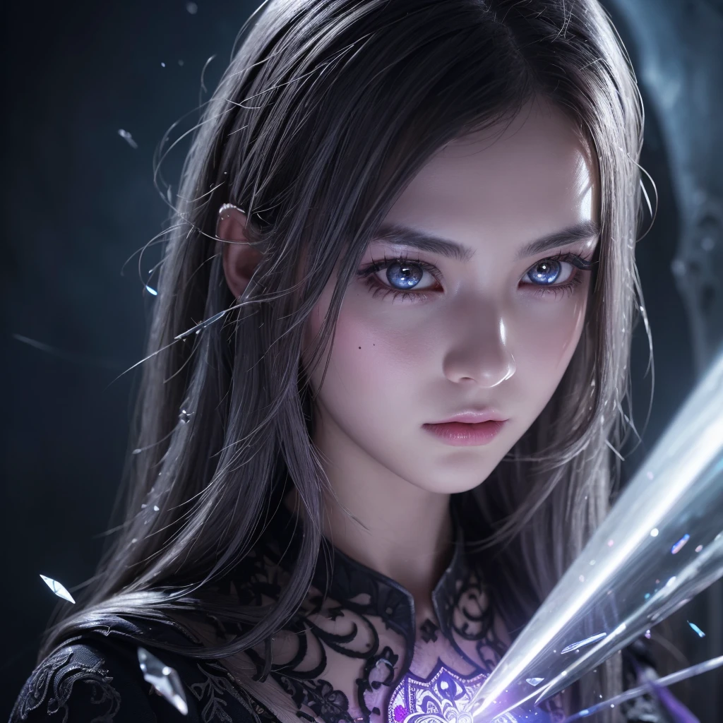 (masterpiece, Highest quality, Very detailed, Best Shadow), (Detailed Background,Dark fantasy), (Beautifully detailed face), High Contrast, (Best lighting, Very delicate and beautiful), ((Cinematic Light)), colorful, Hyper Detail, Dramatic Light, Intricate details, (One girl, alone,Gray Hair, Sharp Face,Purple eyes, Hair between the eyes,Dynamic Angle), Blood splatter, Black light swirling around the character, Depth of written boundary,black light particles,(Broken glass),magic circle,