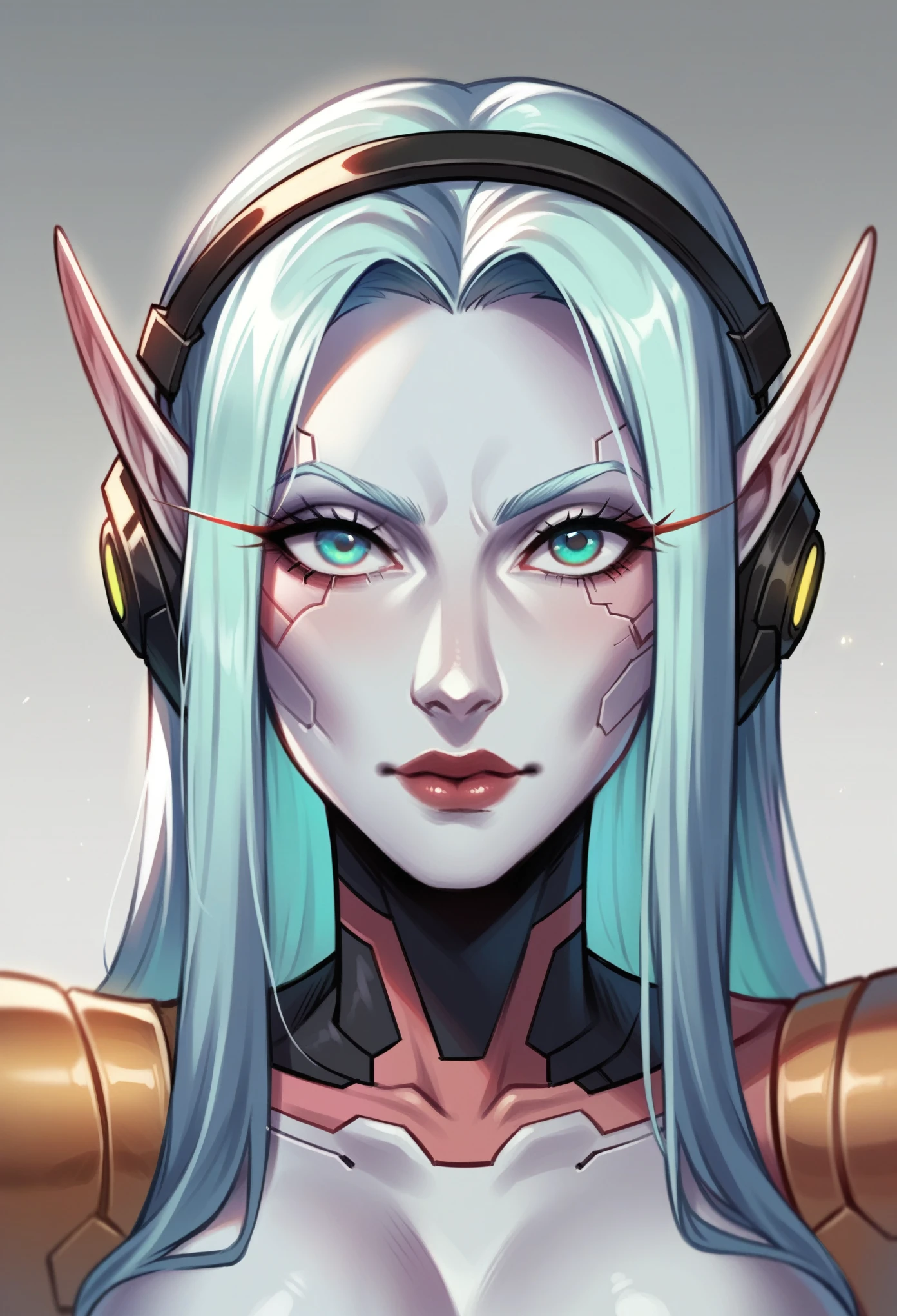 Close-up of a woman wearing headphones in a futuristic setting, Cyberpunk Robot Elf Queen, Portrait of a beautiful sci-fi girl, portrait of a cyborg queen, cyborg goddess in cosmos, VLP. Science fiction, красивая cyborg girl, beautiful cyborg priestess, Dreamy girl in cyberpunk style, complex VLP, cyborg girl, Portrait of an android woman