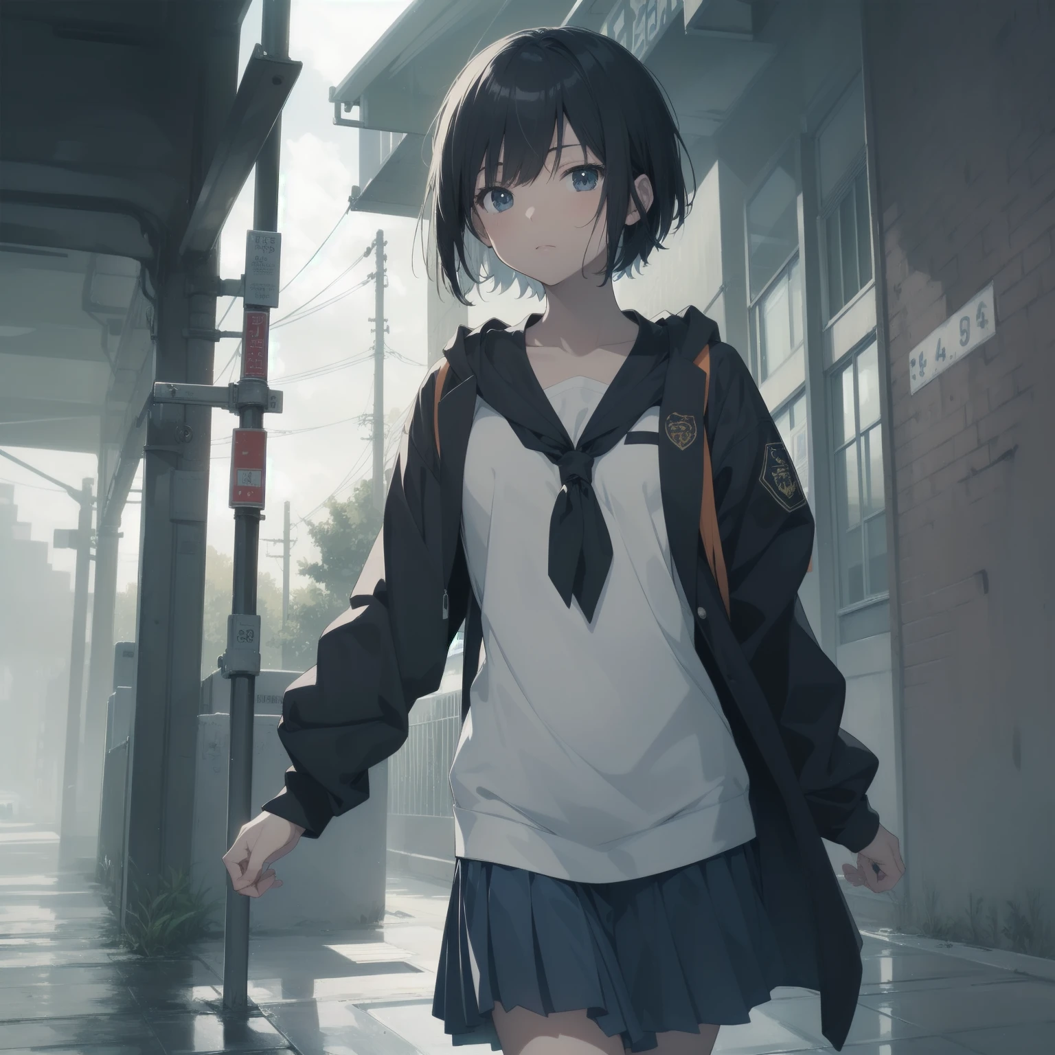 ultra-absurdres-Top quality by artist God, ultra-detailed, high resolution, anime moe artstyle, best anime 8k konachan wallpaper, pixiv contest winner, pool:2810, perfect anatomy,break, 1girl, (Please draw a girl walking sleepily to school alone. )break,(Solo,little female, 13-year-old:1.3),Full limbs, complete fingers,a junior high school student, (very short hair), short cut, flat chest, , small butt, small black eyes, beautiful detailed eyes, well-proportioned iris and pupils, expressive eyes, highres detailed hair, soft expression, salor school_uniform, sailor collar, serahuku, bow, pleated skirt,(Detailed Lighting), (Detailed background), in the School commute route. break,super detailed skin, Best cinematic lighting powered by famous artist, 8k,beauty illustration,photoshop_(medium),very aesthetic,break,((artist:fumihiko (fu mihi ko) )), artist:clamp ,artist:carnelian ,artist:kantoku ,
