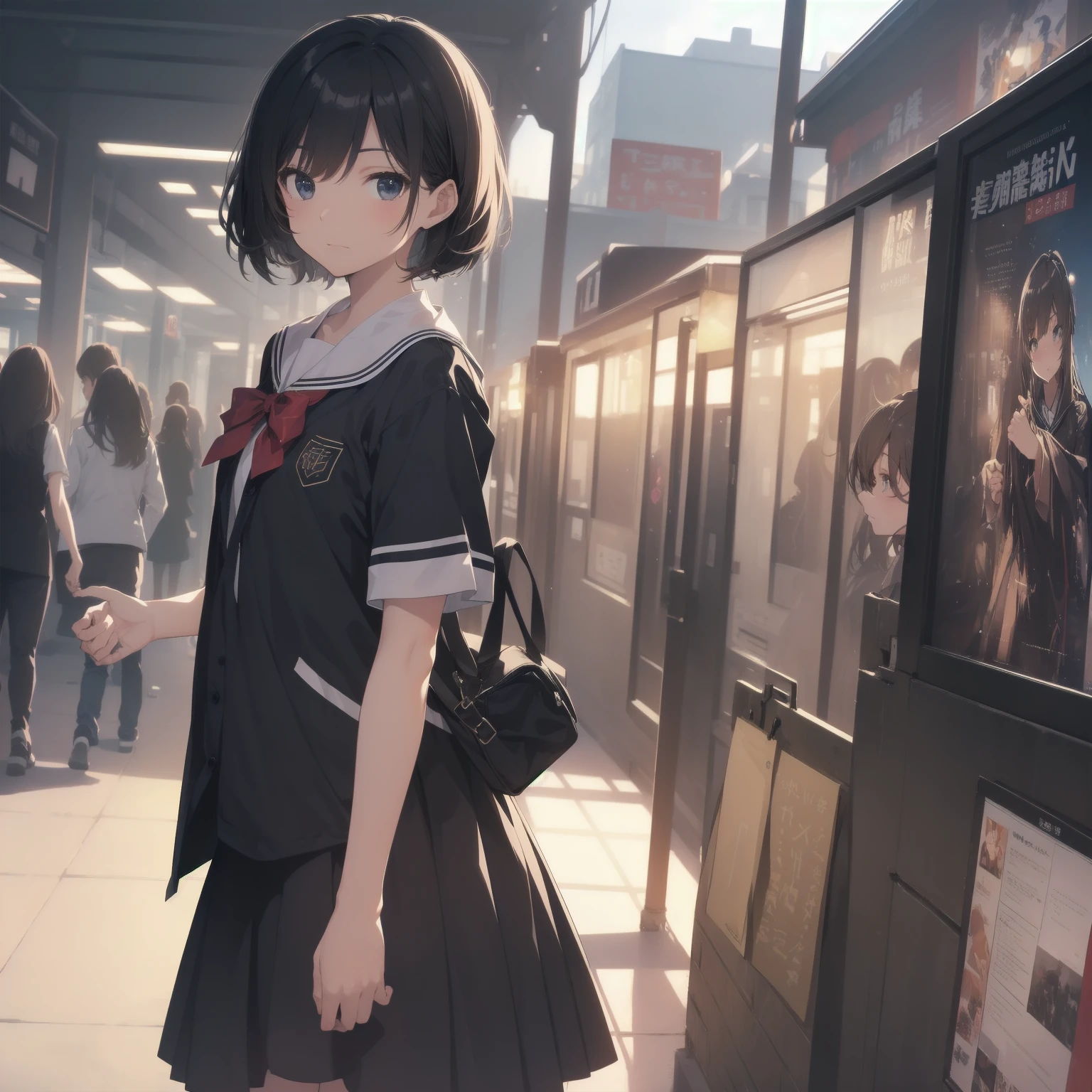 ultra-absurdres-Top quality by artist God, ultra-detailed, high resolution, anime moe artstyle, best anime 8k konachan wallpaper, pixiv contest winner, pool:2810, perfect anatomy,break, 1girl, (Please draw a girl walking sleepily to school alone. )break,(Solo,little female, 13-year-old:1.3),Full limbs, complete fingers,a junior high school student, (very short hair), short cut, flat chest, , small butt, small black eyes, beautiful detailed eyes, well-proportioned iris and pupils, expressive eyes, highres detailed hair, soft expression, salor school_uniform, sailor collar, serahuku, bow, pleated skirt,(Detailed Lighting), (Detailed background), in the School commute route. break,super detailed skin, Best cinematic lighting powered by famous artist, 8k,beauty illustration,photoshop_(medium),very aesthetic,break,((artist:fumihiko (fu mihi ko) )), artist:clamp ,artist:carnelian ,artist:kantoku ,