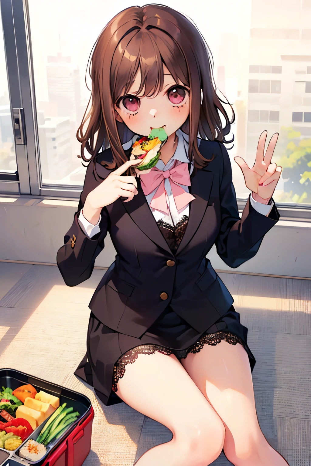 beautiful cute girl,((brown hair:1.2)),(Medium wave hair:1.1),(coral pink eyes:1.2),(office Lady:1.2),((sexy lace suit:1.2)),(首を傾げる:1.3),(lunch eating:1.3),(Bento:1.25),((Happiness:1.1)),(sexy pose:1.15),(sitting on the floor with one's legs tucked under to one side:1.15).