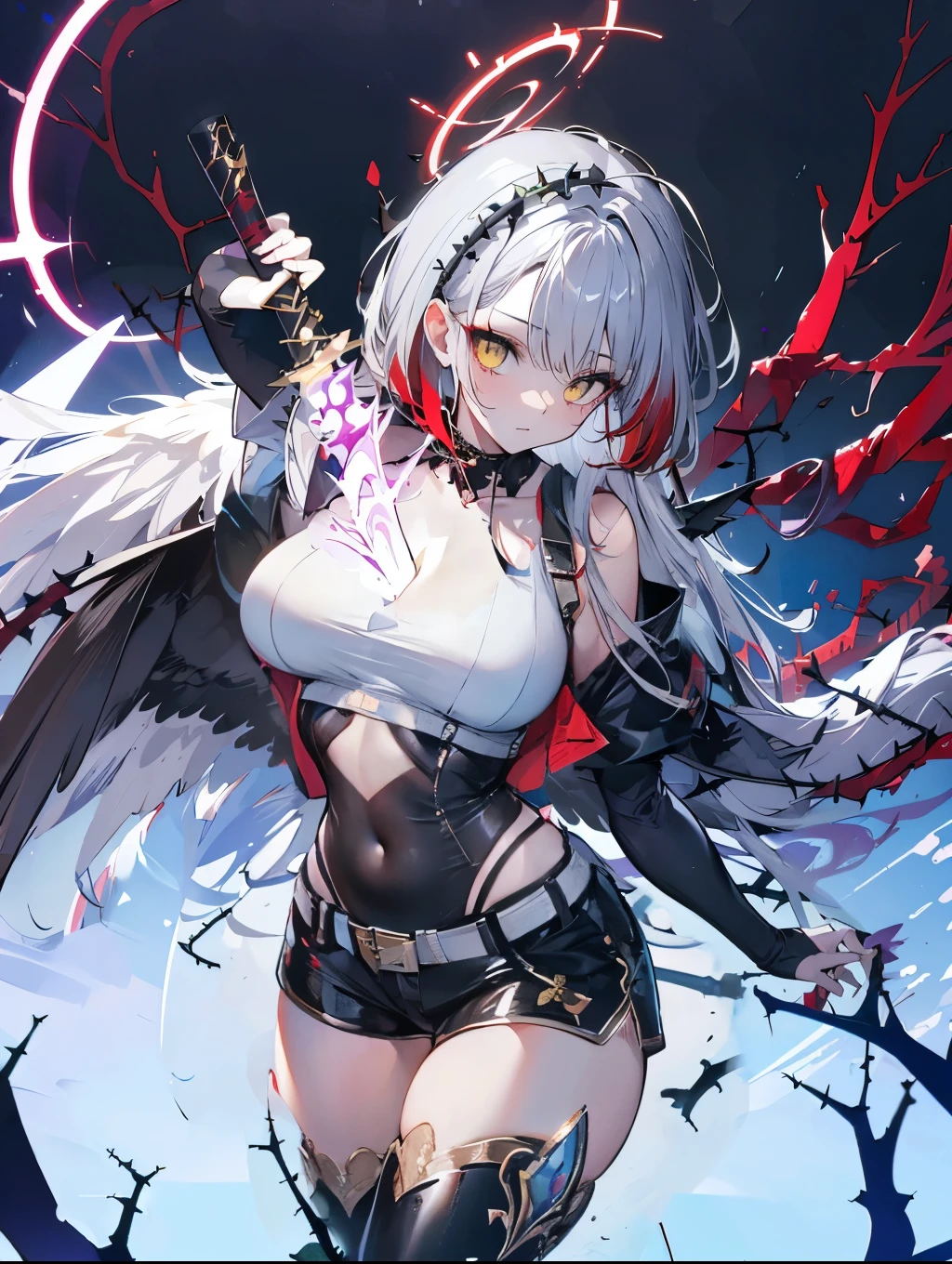 White vest,Black shorts,thigh boots,Navel,Navel,Beautiful muscle curves,Mermaid Line