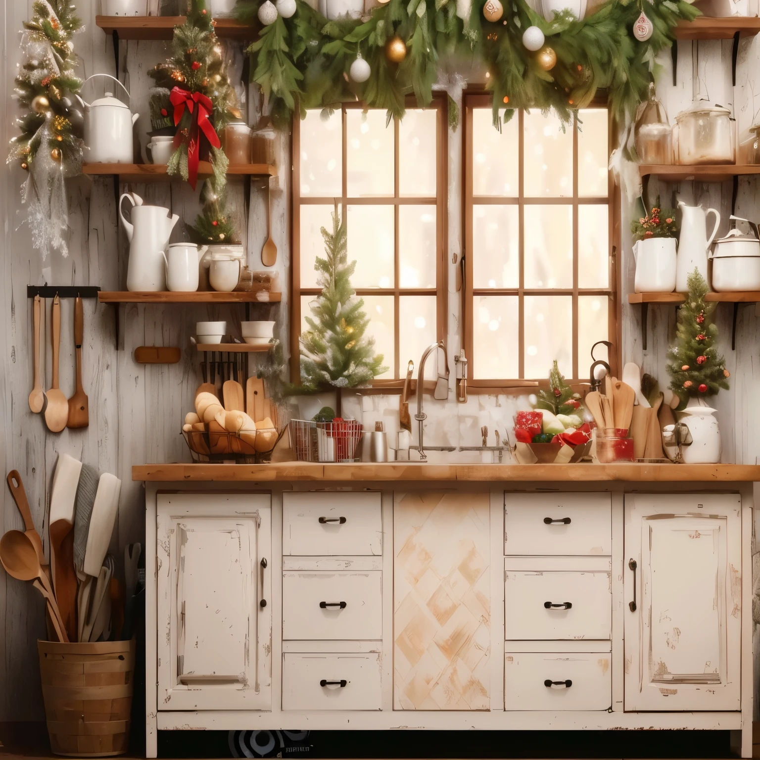 There is a kitchen,With windows,There is a lot of food on the counter, Christmas atmosphere,旧Kitchen background, 旧Kitchen background angled view, Kitchen background, Lovely kitchen, Warm home background, Vintage - W 1 0 2 4, Dream bakery interior scene, Country Style!!, Cozy cafe background, hd —h 1024, Gorgeously decorated, kitchen counter,Christmas decoration