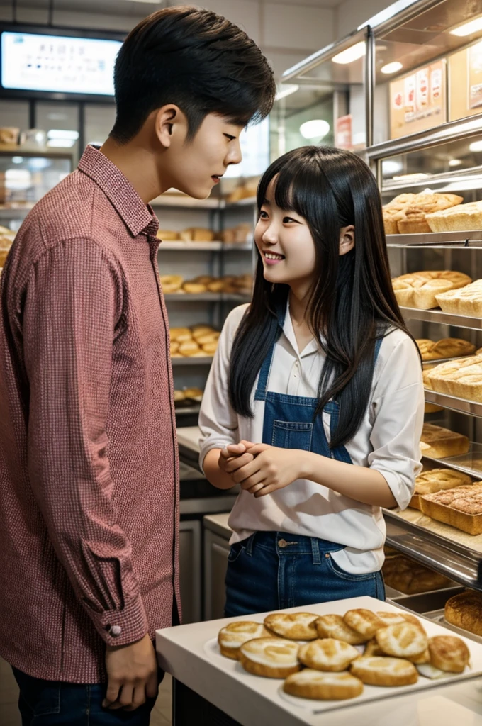 The image of a Korean teenager talking to a Korean man in a bakery